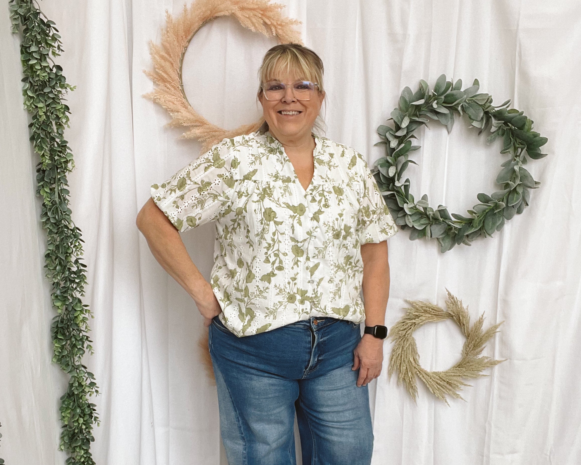 Jackie Floral Eyelet Top-Short Sleeve Tops-ENTRO-The Silo Boutique, Women's Fashion Boutique Located in Warren and Grand Forks North Dakota