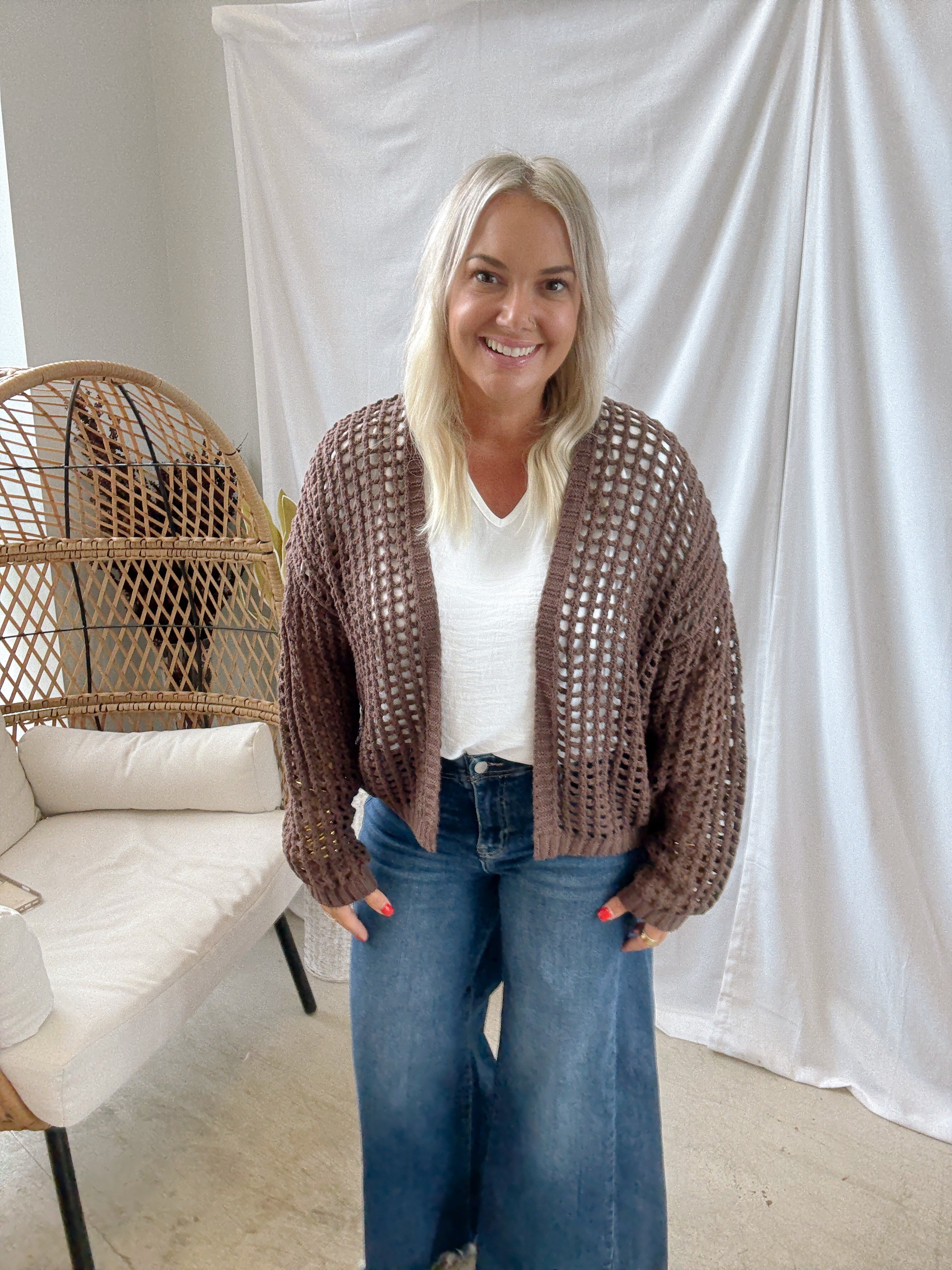 Rae Crochet Open Cardigan-Brown-Cardigans-Doe and Rae-The Silo Boutique, Women's Fashion Boutique Located in Warren and Grand Forks North Dakota