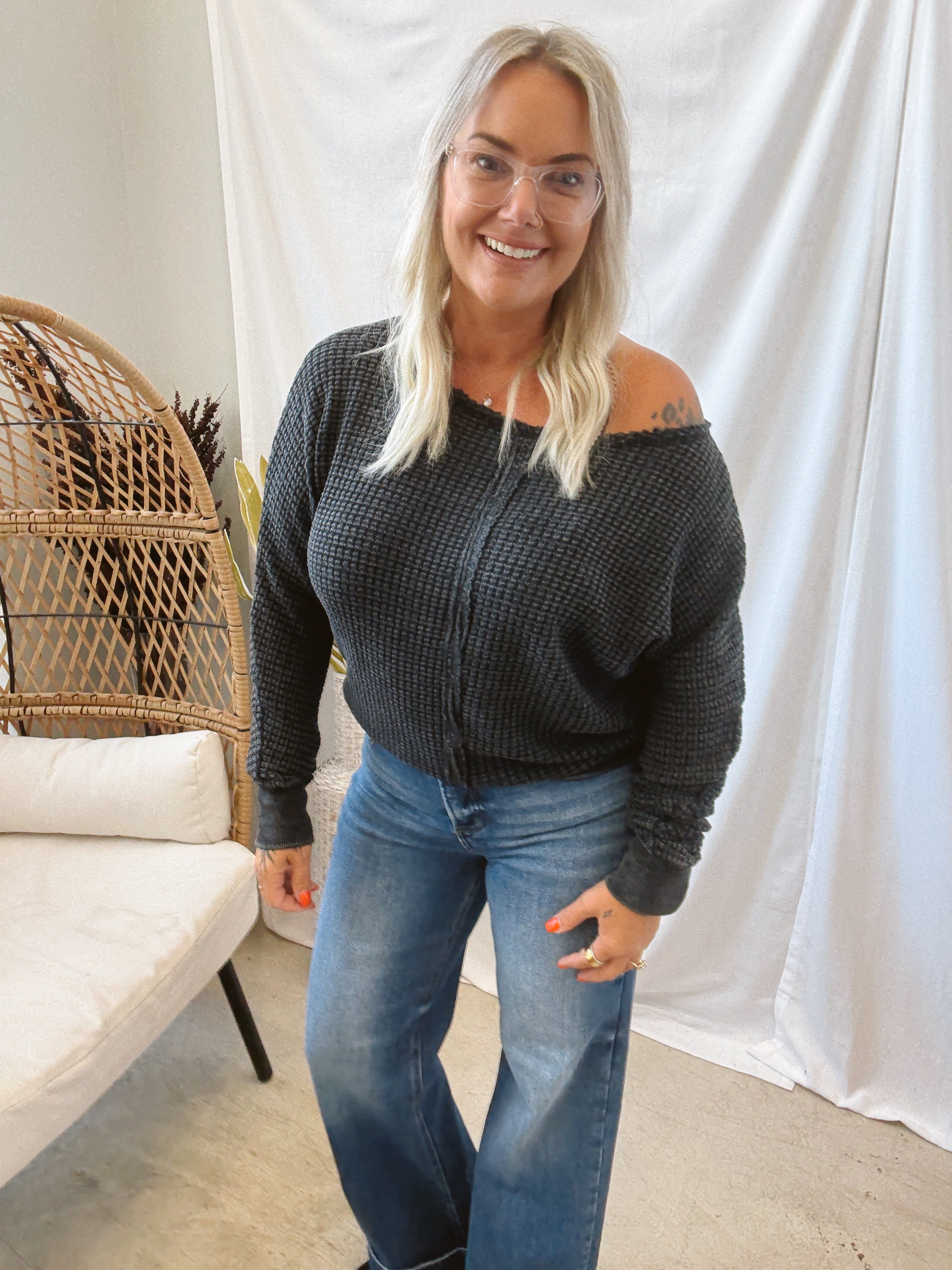 Mono B Chunky Boat Neck Waffle Top-Long Sleeve Tops-mono b-The Silo Boutique, Women's Fashion Boutique Located in Warren and Grand Forks North Dakota