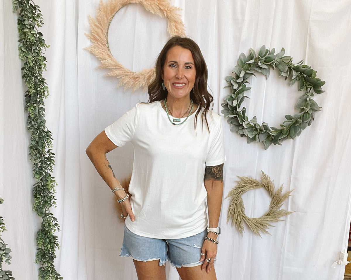 Bella Basic Round Neck Top-White-Short Sleeve Tops-staccato-The Silo Boutique, Women's Fashion Boutique Located in Warren and Grand Forks North Dakota