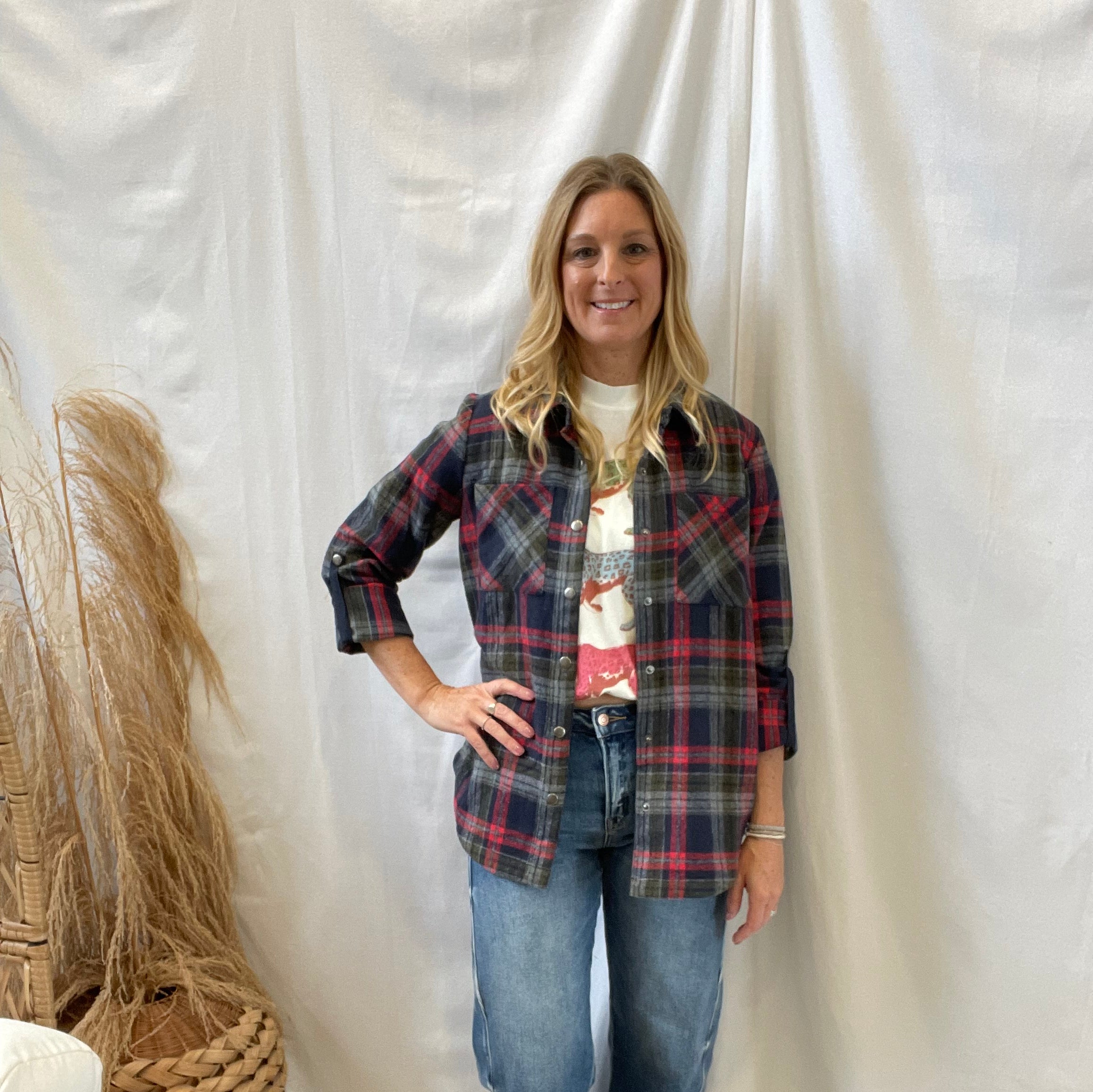 Navy Plaid Button Down Shacket-Long Sleeve Tops-mystree-The Silo Boutique, Women's Fashion Boutique Located in Warren and Grand Forks North Dakota