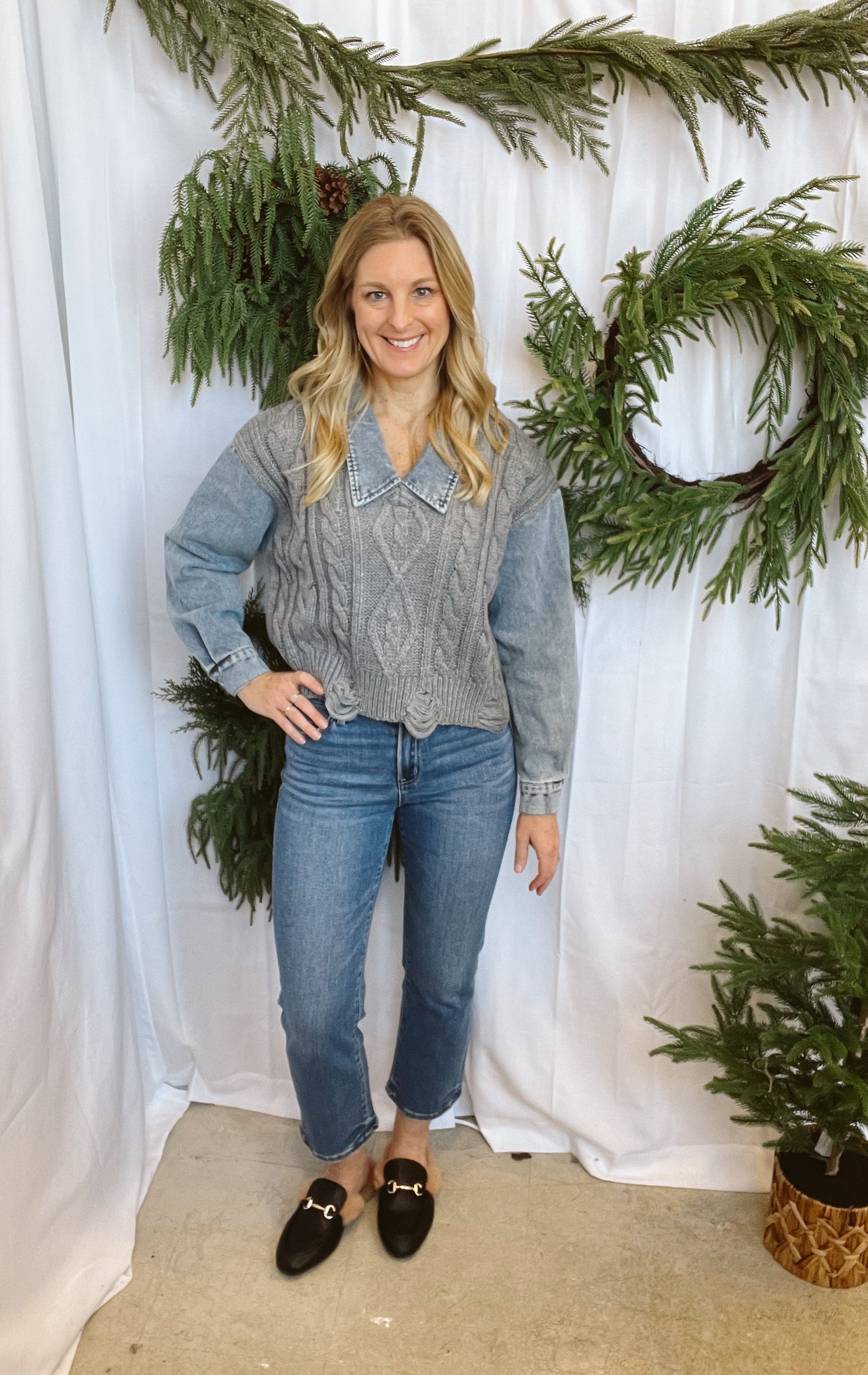 Fate Denim Mix Grey Sweater-Sweaters-fate-The Silo Boutique, Women's Fashion Boutique Located in Warren and Grand Forks North Dakota