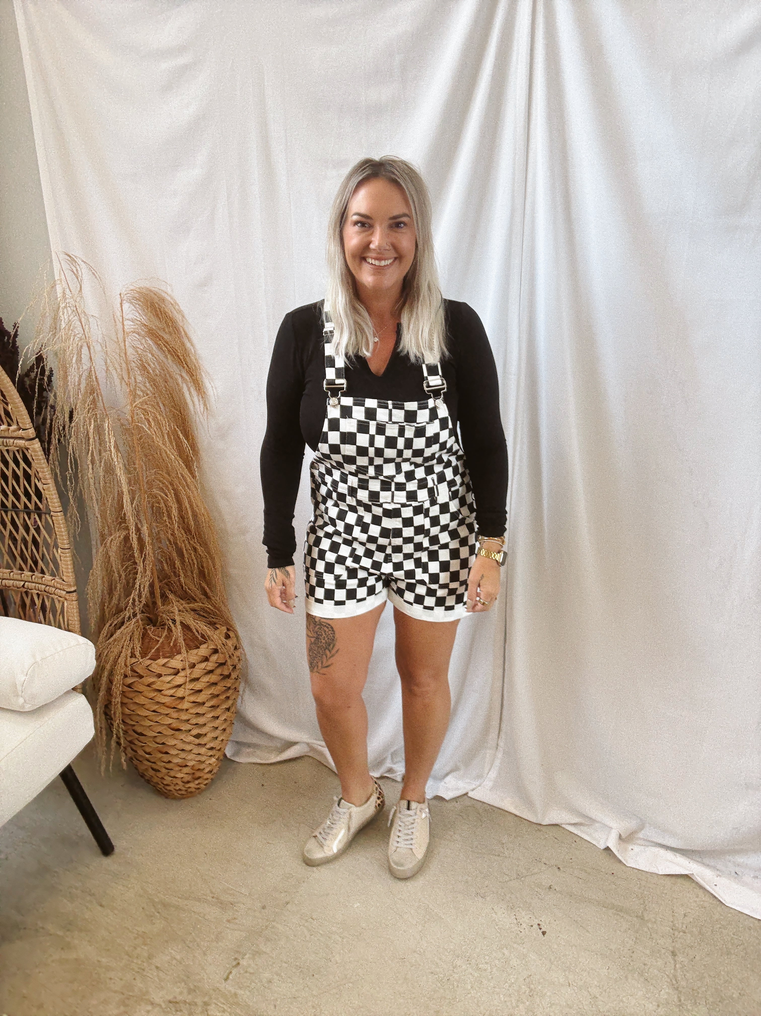 Black and White Check Short Ovaralls-Shorts-mittoshop-The Silo Boutique, Women's Fashion Boutique Located in Warren and Grand Forks North Dakota
