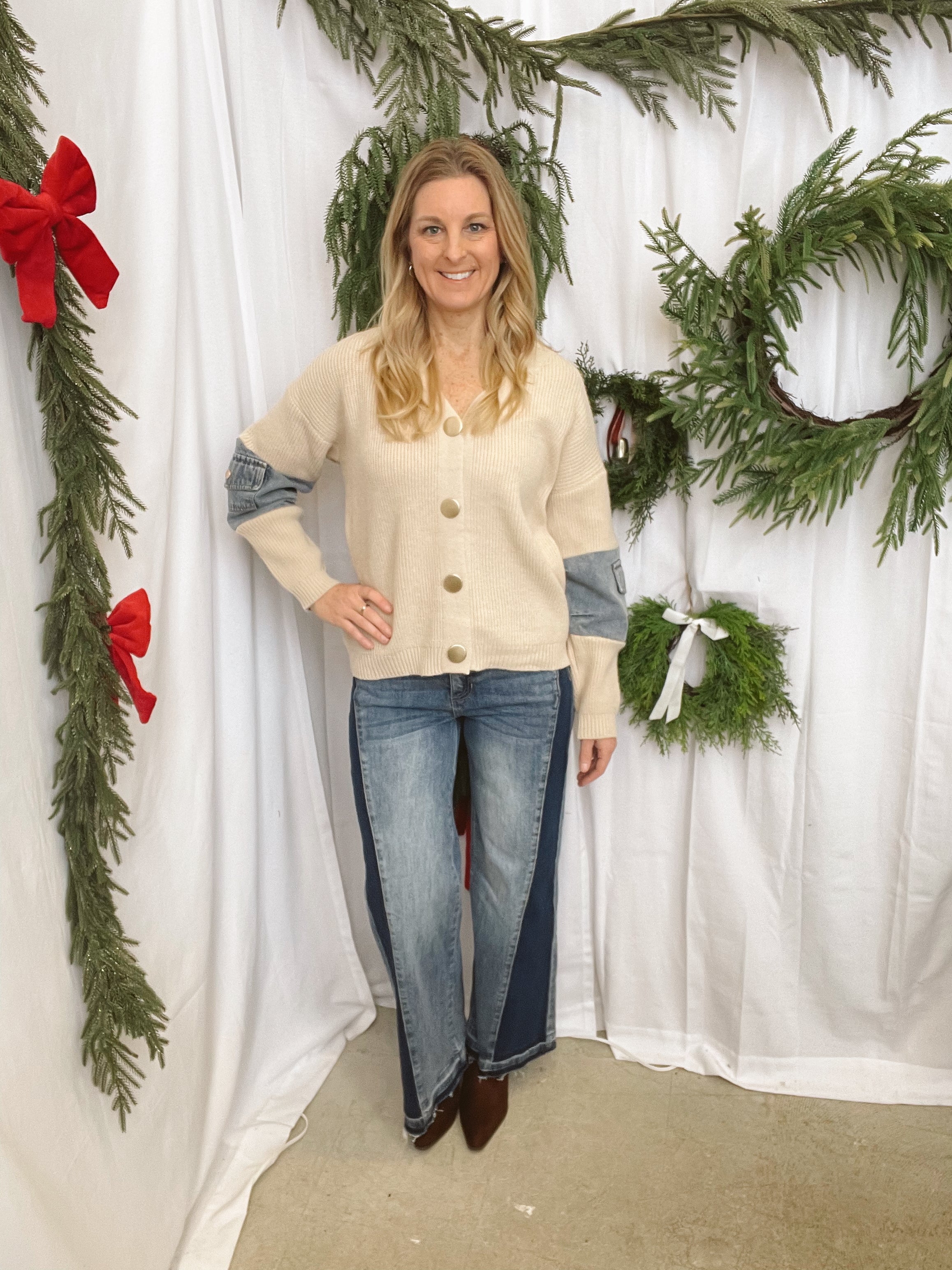 Denim and Knit Mix Cardigan-Cardigans-adora-The Silo Boutique, Women's Fashion Boutique Located in Warren and Grand Forks North Dakota