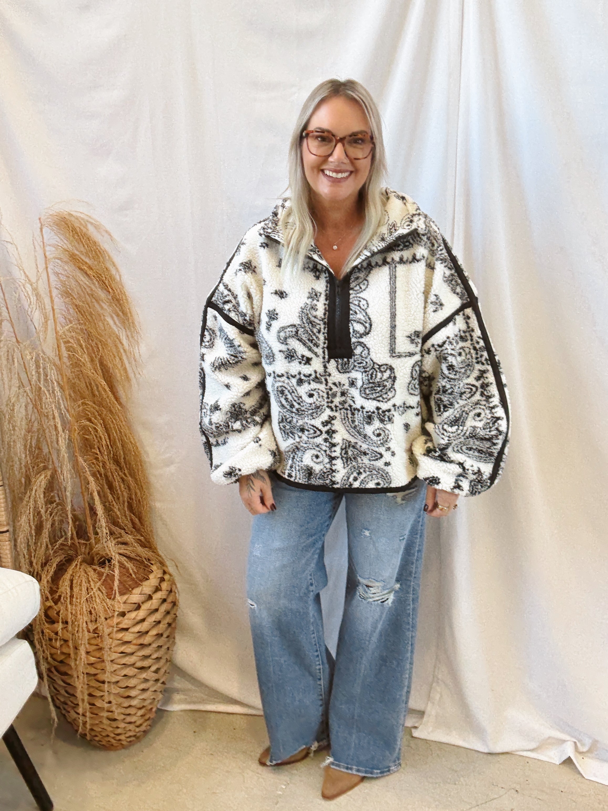 Paisley Sherpa Quarter Zip Up-Sweatshirts-promesa-The Silo Boutique, Women's Fashion Boutique Located in Warren and Grand Forks North Dakota