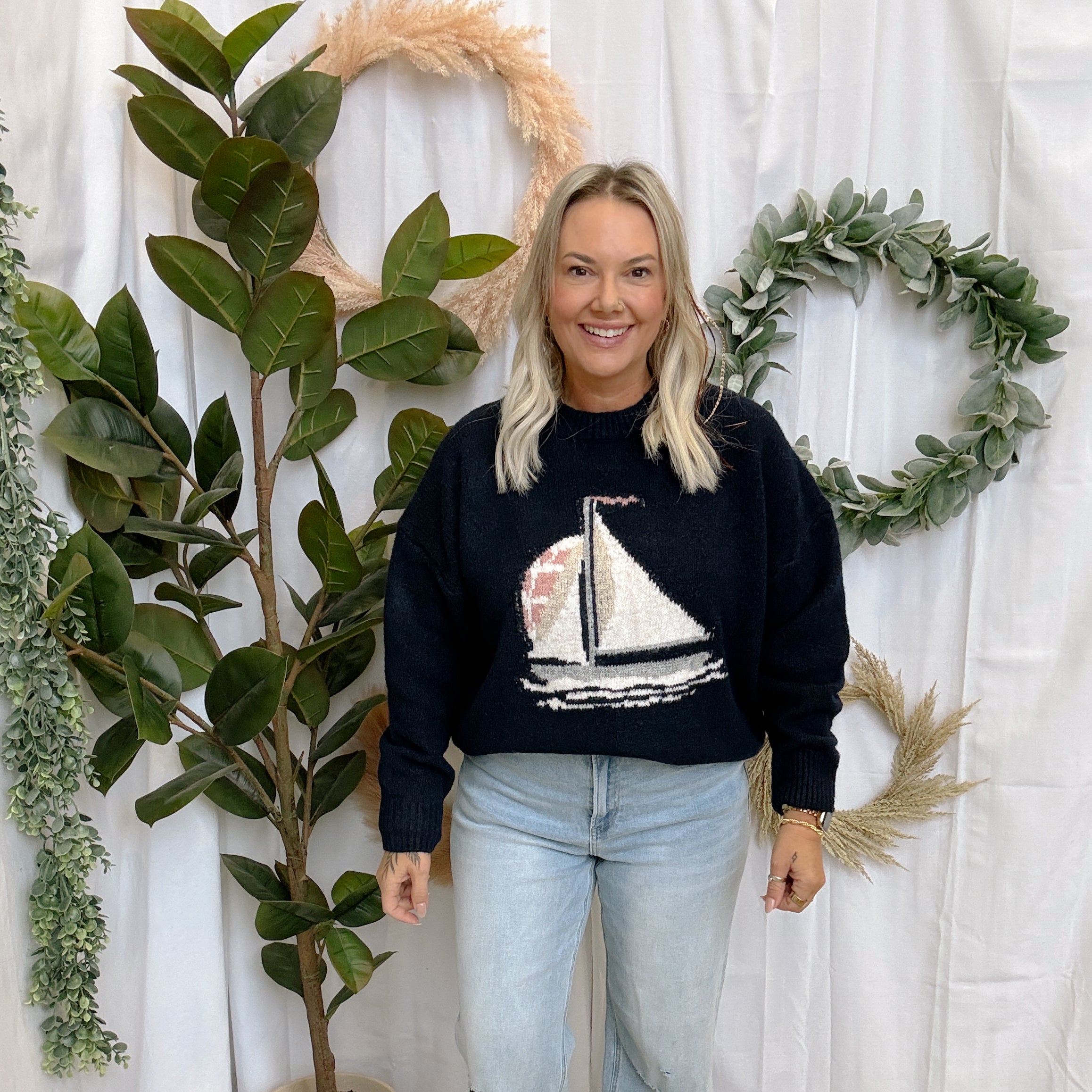 Navy Sailboat Knit Sweater-Sweaters-wishlist-The Silo Boutique, Women's Fashion Boutique Located in Warren and Grand Forks North Dakota