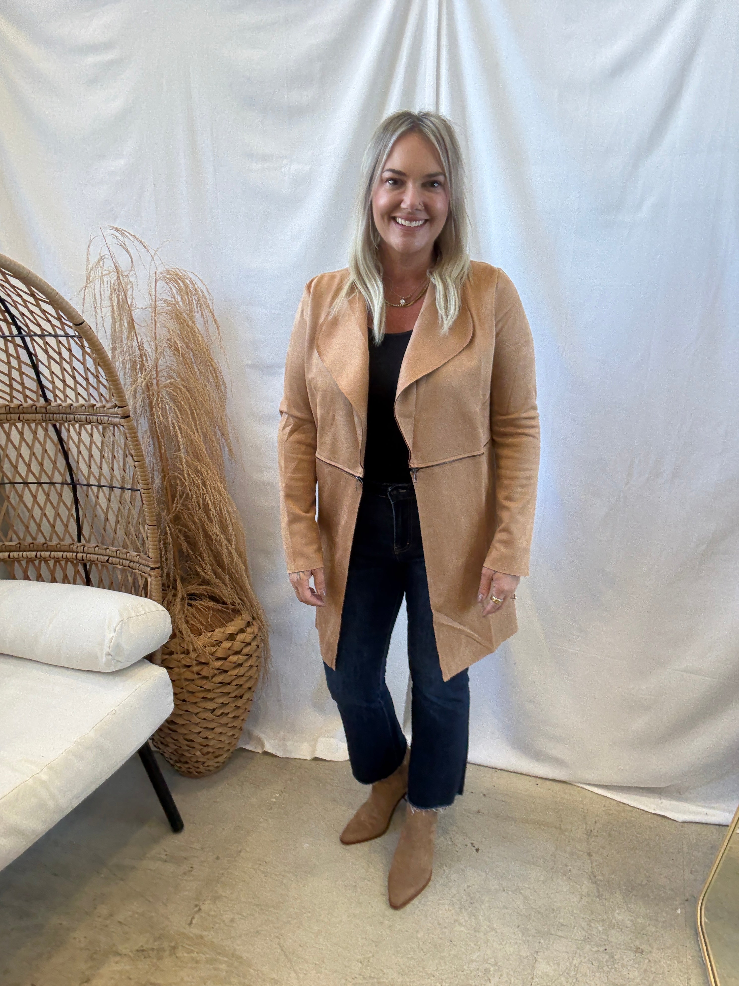 Long Sleeve Suede Jacket-Camel-Coats & Jackets-active basics-The Silo Boutique, Women's Fashion Boutique Located in Warren and Grand Forks North Dakota