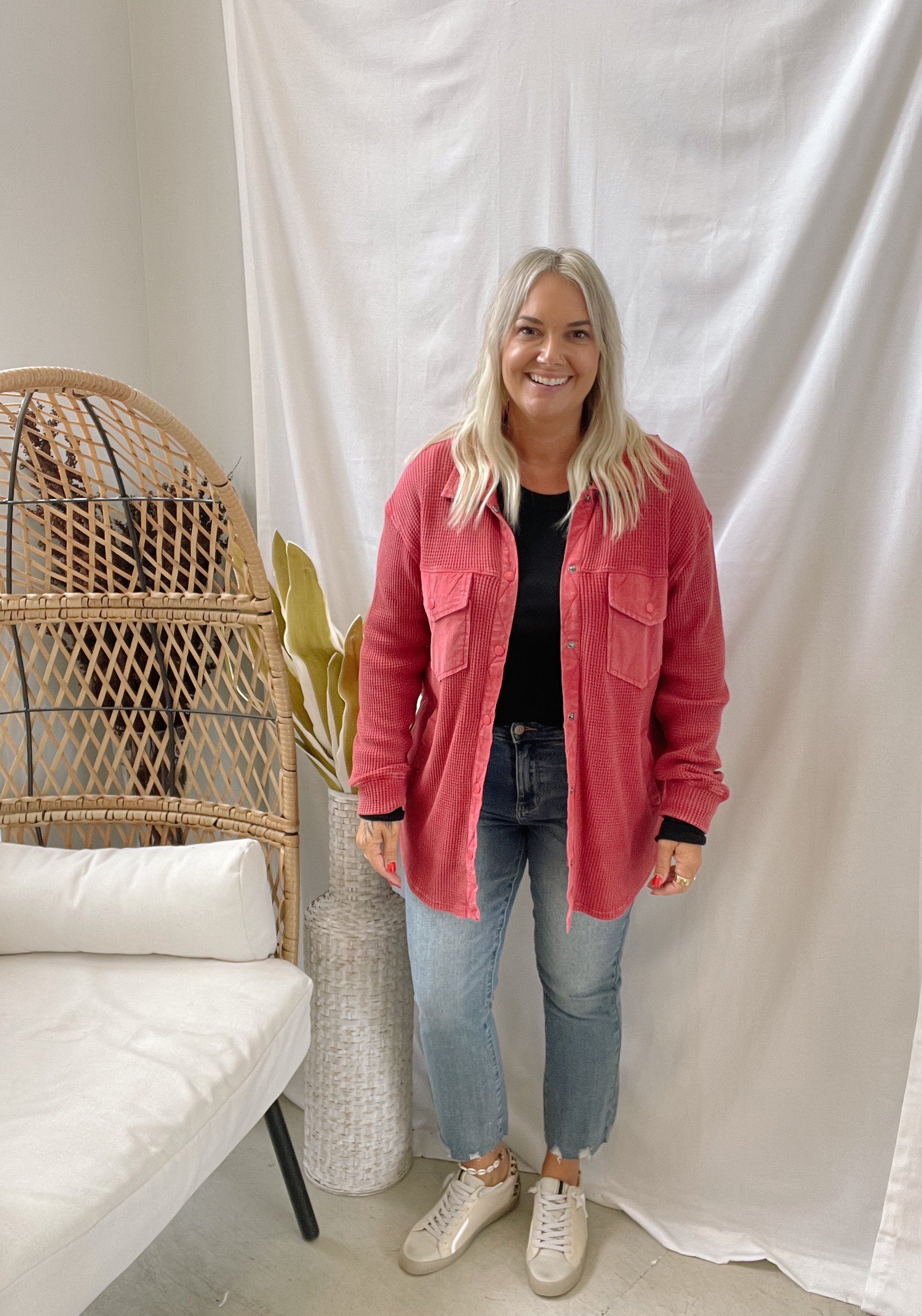 Waffle Knit Button Down Top-Red-Coats & Jackets-mono b-The Silo Boutique, Women's Fashion Boutique Located in Warren and Grand Forks North Dakota