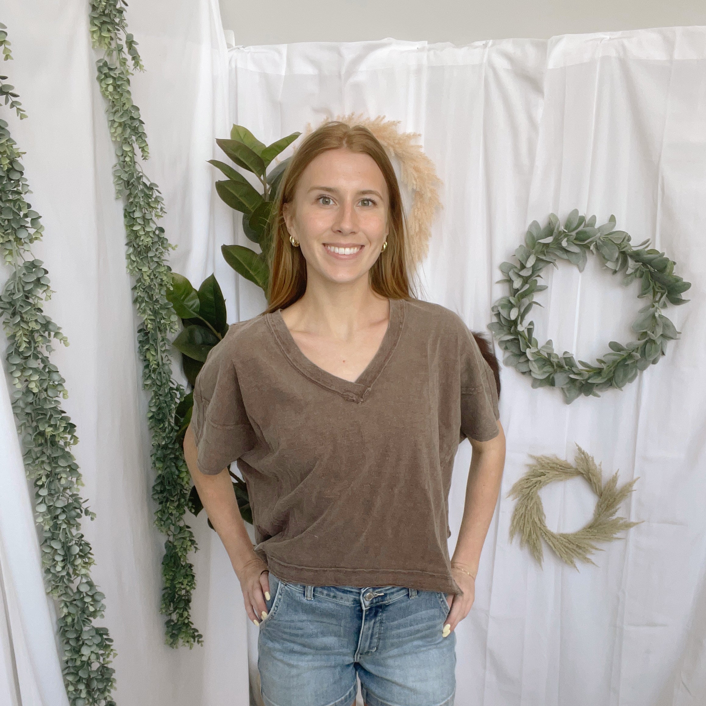 Take Five V Neck Tee-Brown-Short Sleeve Tops-hyfve-The Silo Boutique, Women's Fashion Boutique Located in Warren and Grand Forks North Dakota