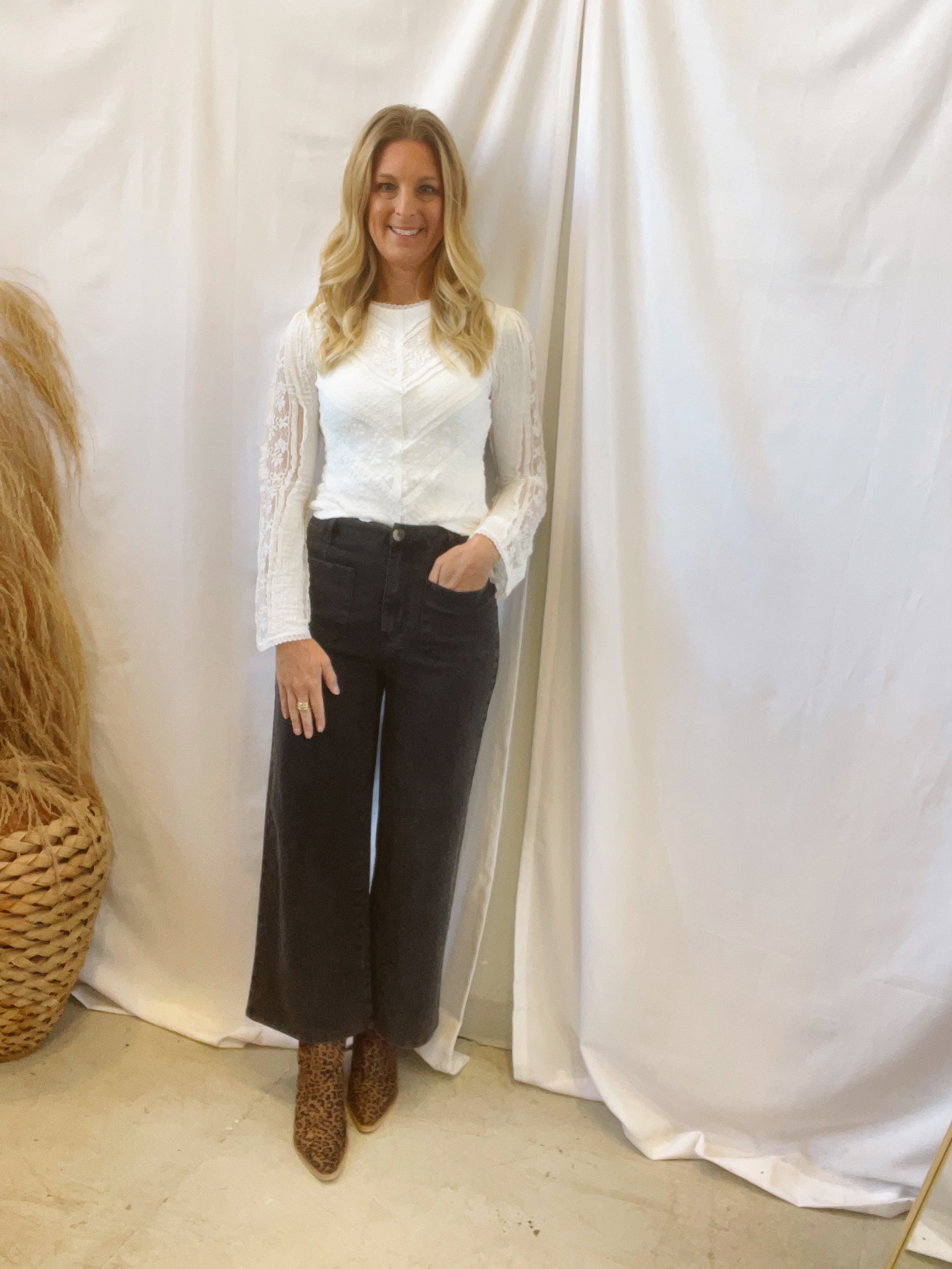 Allie Bell Sleeve Lace Mix Top-Off White-Long Sleeve Tops-allie Rose-The Silo Boutique, Women's Fashion Boutique Located in Warren and Grand Forks North Dakota