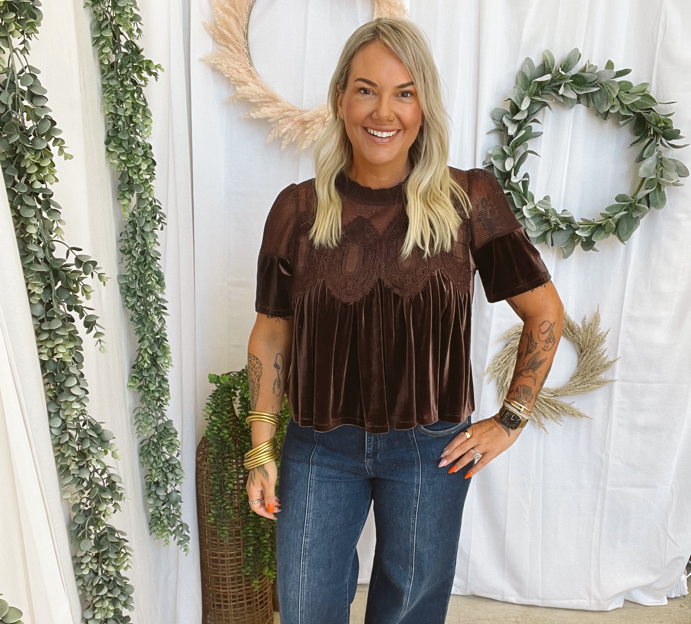Velvet Scallop Top-Short Sleeve Tops-hem and thread-The Silo Boutique, Women's Fashion Boutique Located in Warren and Grand Forks North Dakota