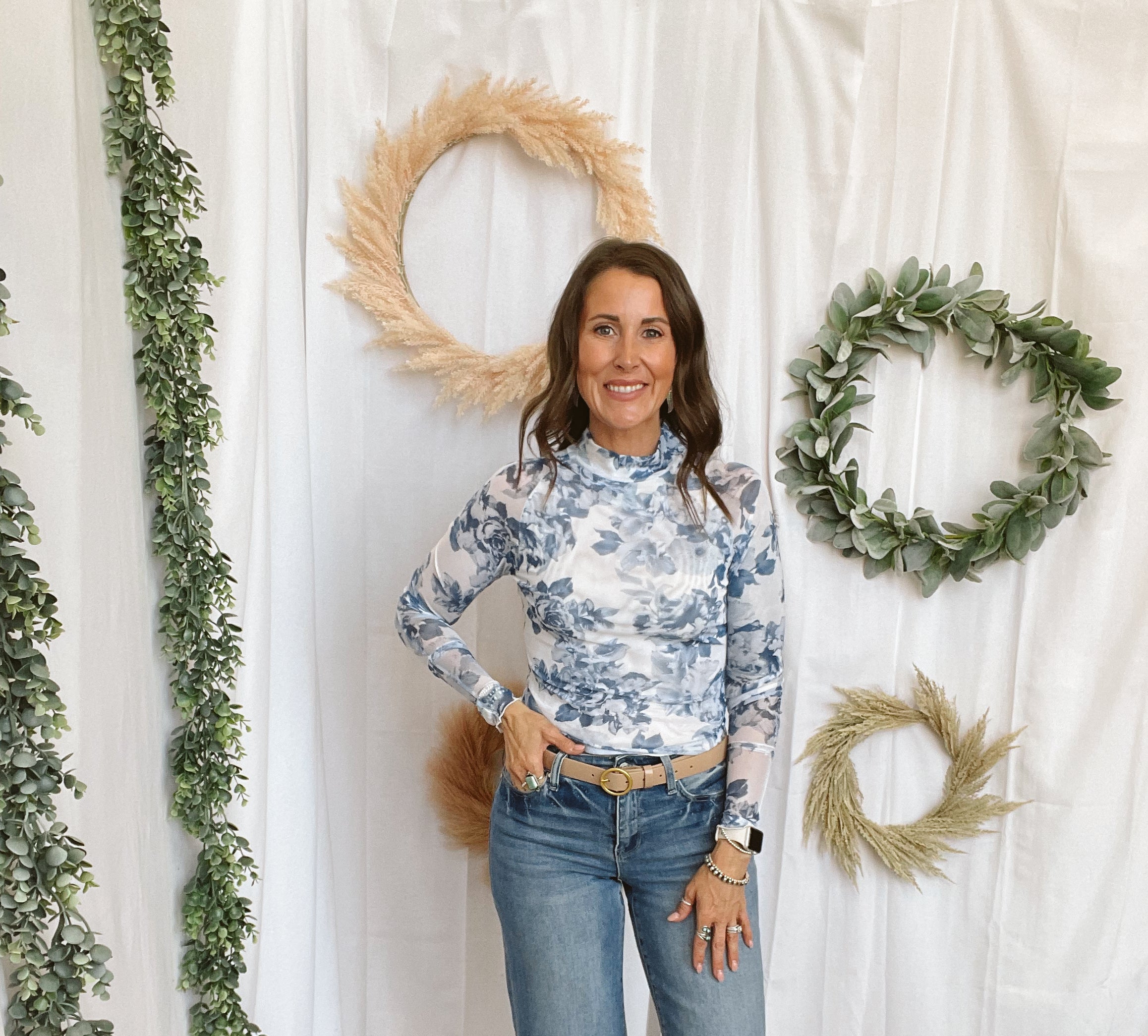 Blue Floral Mesh Top-Graphic Tees-panache-The Silo Boutique, Women's Fashion Boutique Located in Warren and Grand Forks North Dakota