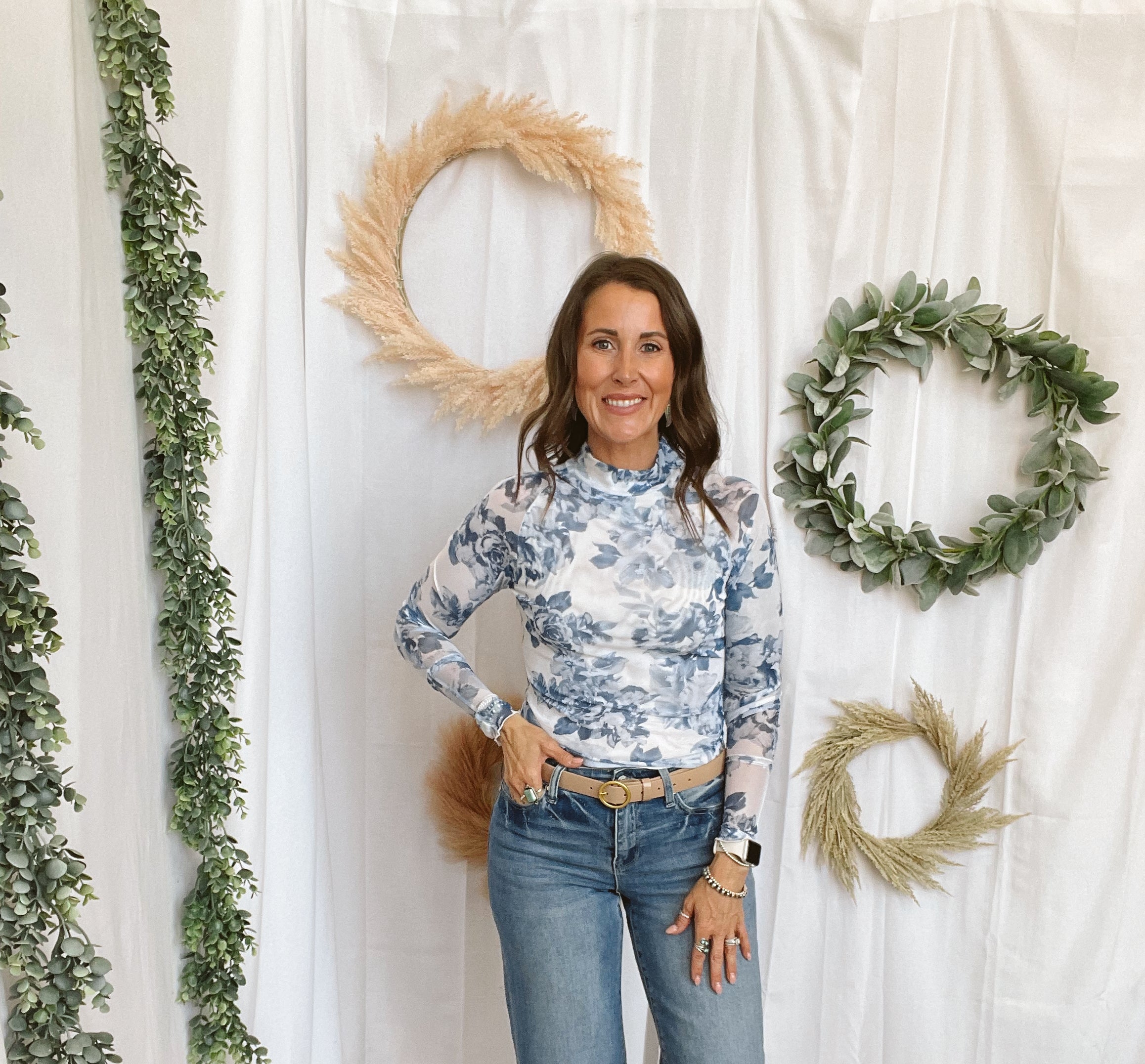 Blue Floral Mesh Top-Graphic Tees-panache-The Silo Boutique, Women's Fashion Boutique Located in Warren and Grand Forks North Dakota