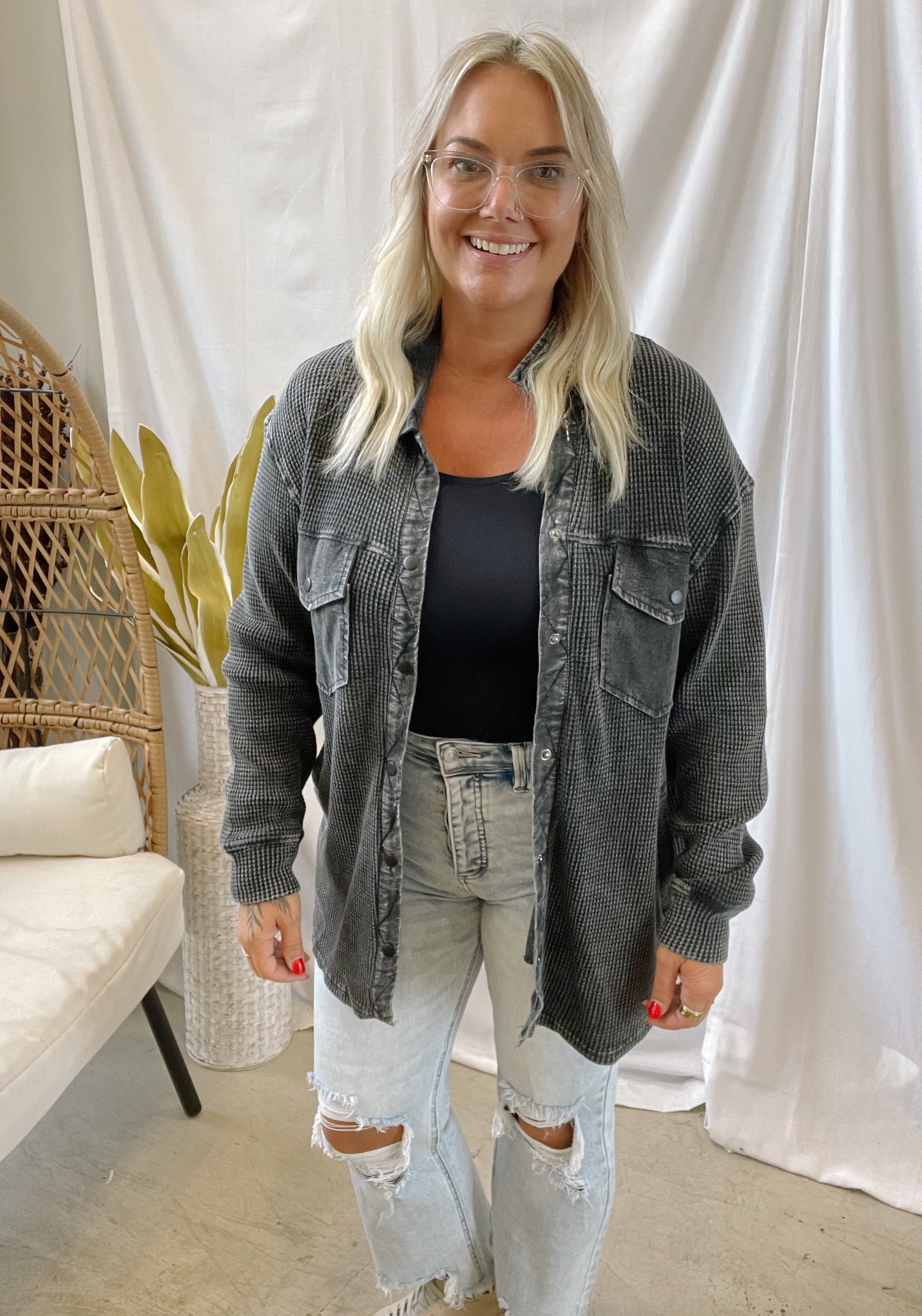 Waffle Knit Button Down Top-Black-Coats & Jackets-mono b-The Silo Boutique, Women's Fashion Boutique Located in Warren and Grand Forks North Dakota