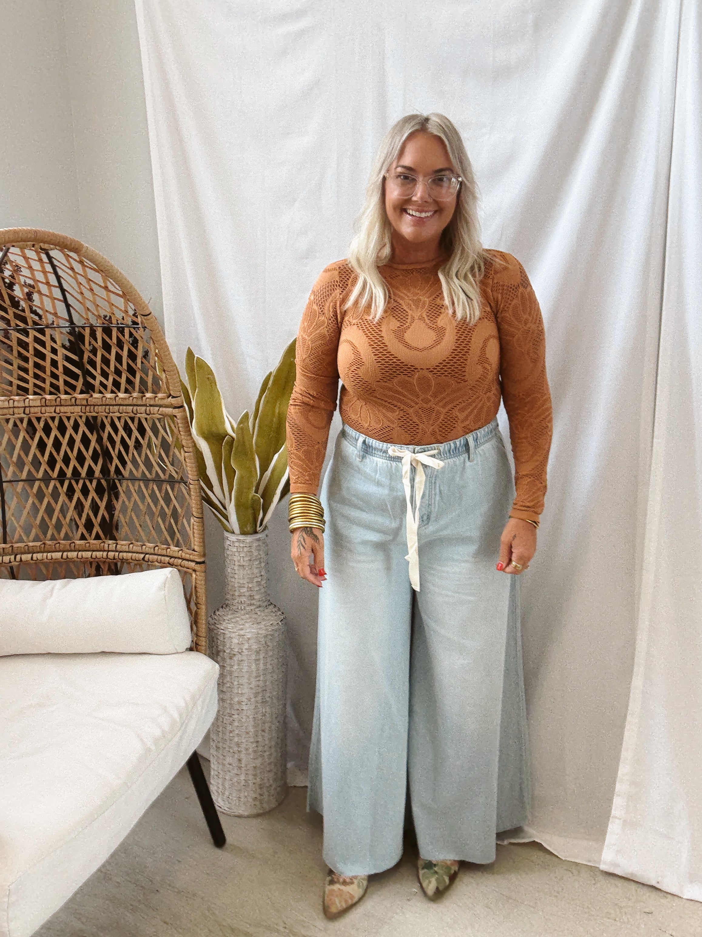 Knit Seamless Jacquard Top-Golden-Long Sleeve Tops-by together-The Silo Boutique, Women's Fashion Boutique Located in Warren and Grand Forks North Dakota