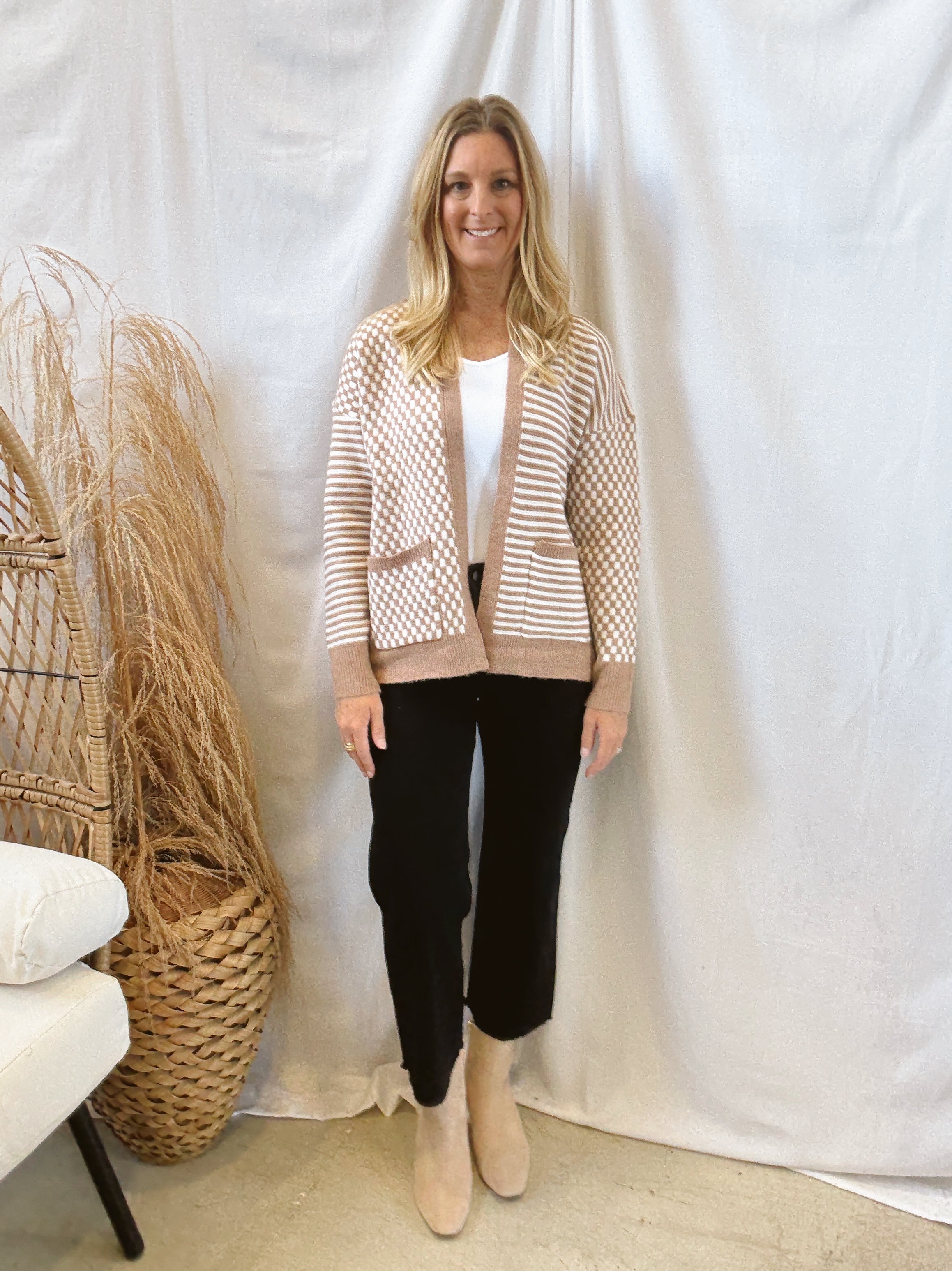 Taupe Checkered Cardigan-Sweatshirts-stacatto-The Silo Boutique, Women's Fashion Boutique Located in Warren and Grand Forks North Dakota