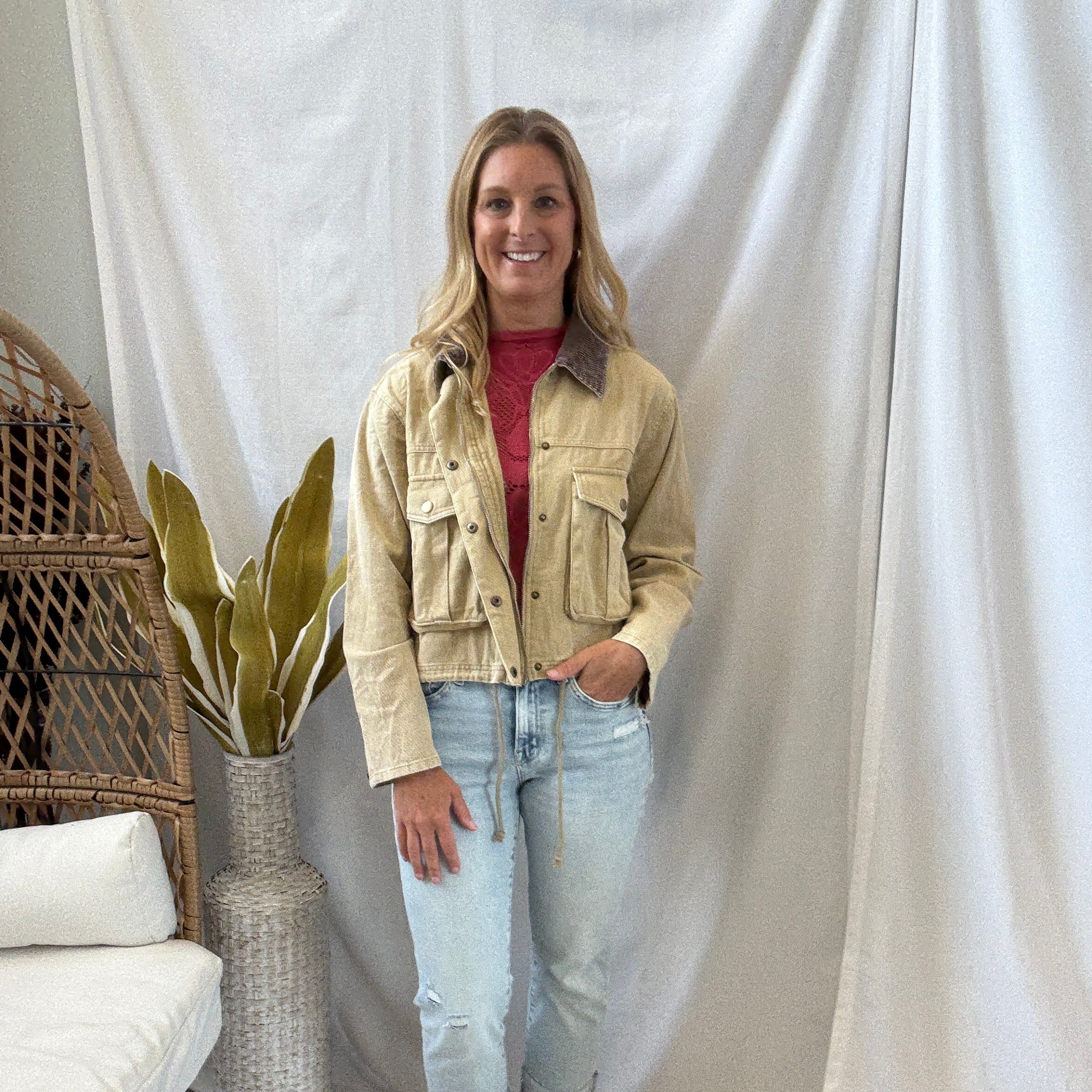 Corduroy Collar Twill Jacket-Sand-Coats & Jackets-hem and thread-The Silo Boutique, Women's Fashion Boutique Located in Warren and Grand Forks North Dakota