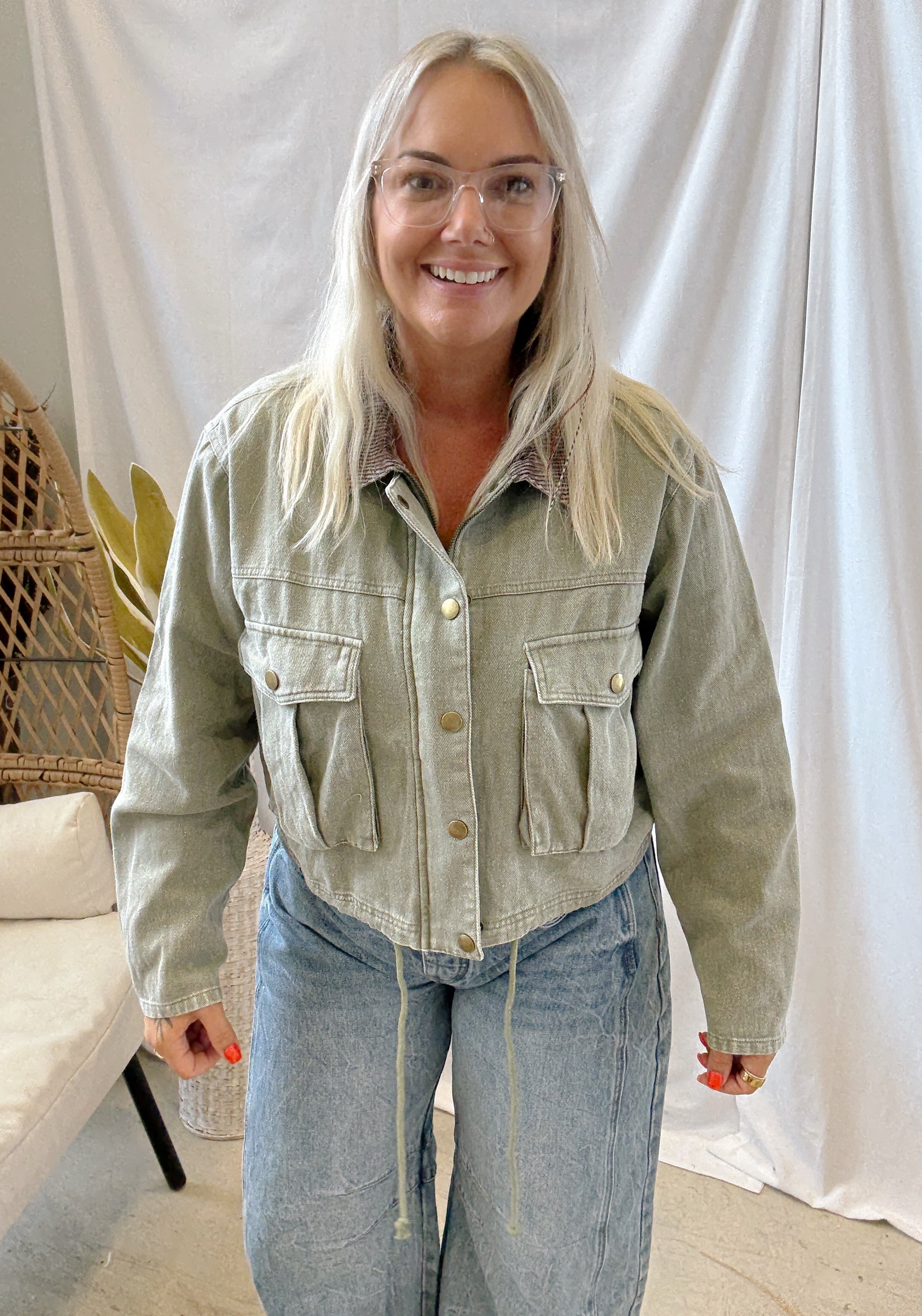 Corduroy Collar Twill Jacket-Olive-Coats & Jackets-hem and thread-The Silo Boutique, Women's Fashion Boutique Located in Warren and Grand Forks North Dakota