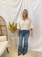 Ivory Embroidered Tie Front Top-Cardigans-anniewear-The Silo Boutique, Women's Fashion Boutique Located in Warren and Grand Forks North Dakota