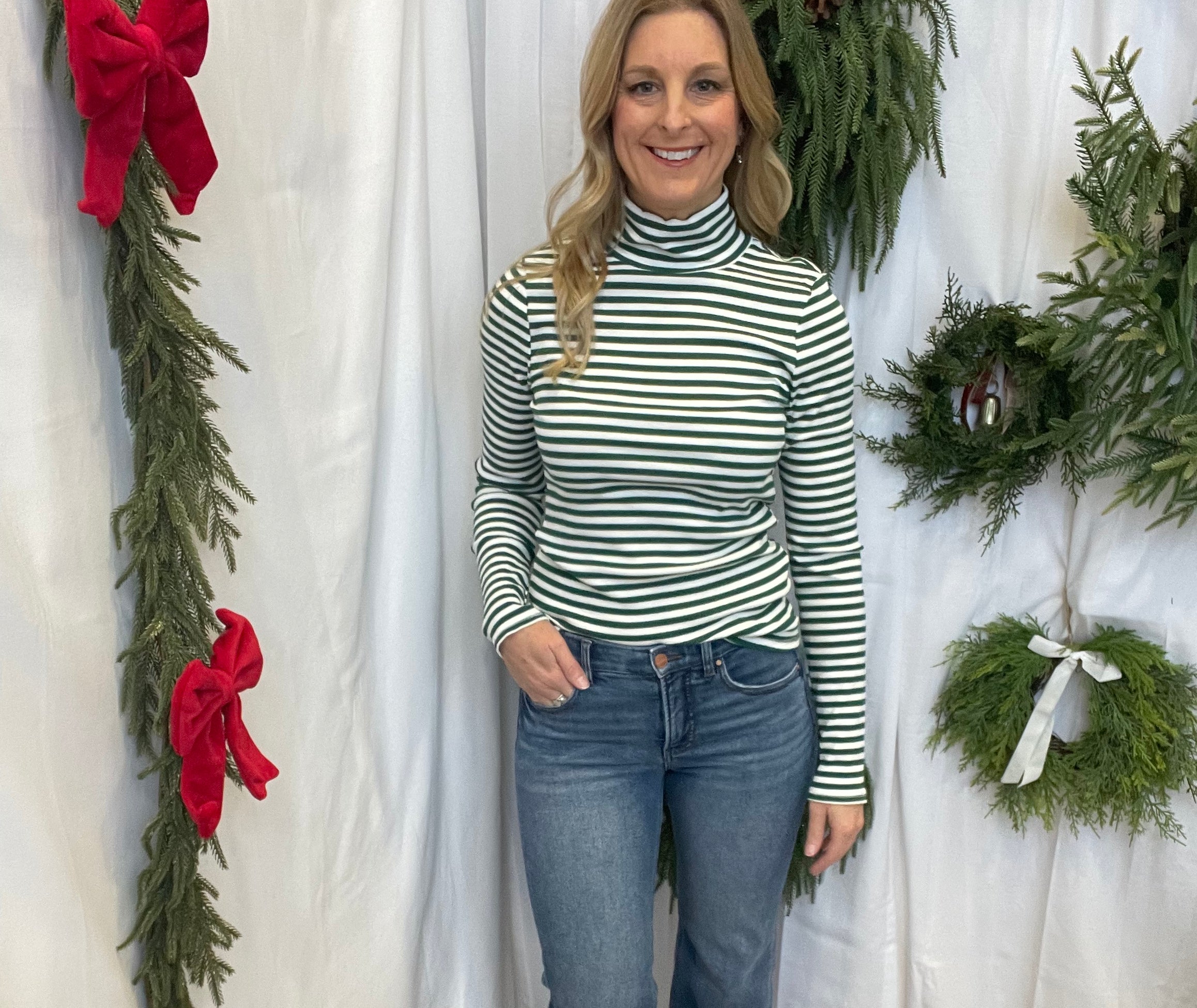 Leslie Striped Turtleneck-Green-Long Sleeve Tops-hyfve-The Silo Boutique, Women's Fashion Boutique Located in Warren and Grand Forks North Dakota