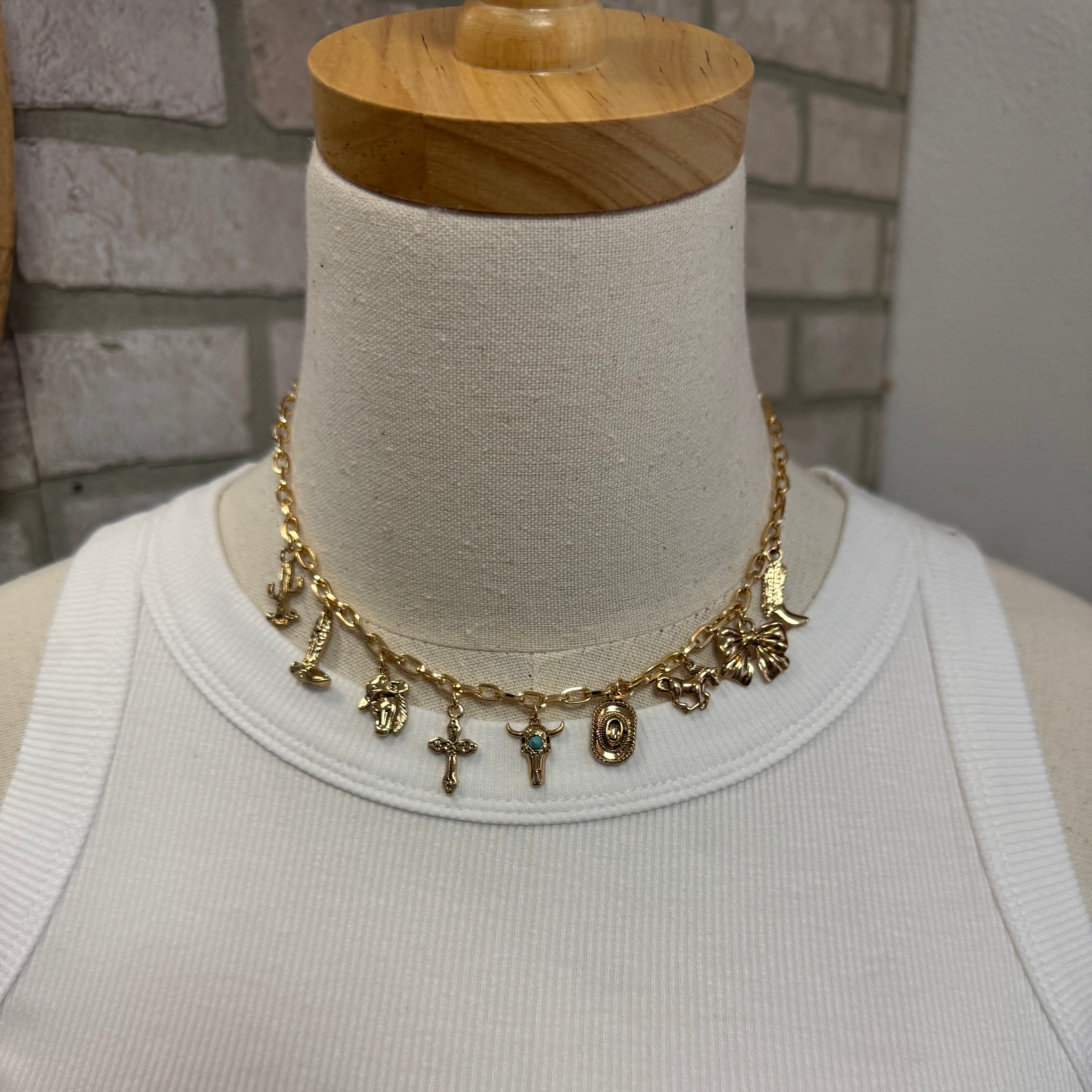 Western 9 Charms Gold Necklace-Necklaces-Fame-The Silo Boutique, Women's Fashion Boutique Located in Warren and Grand Forks North Dakota