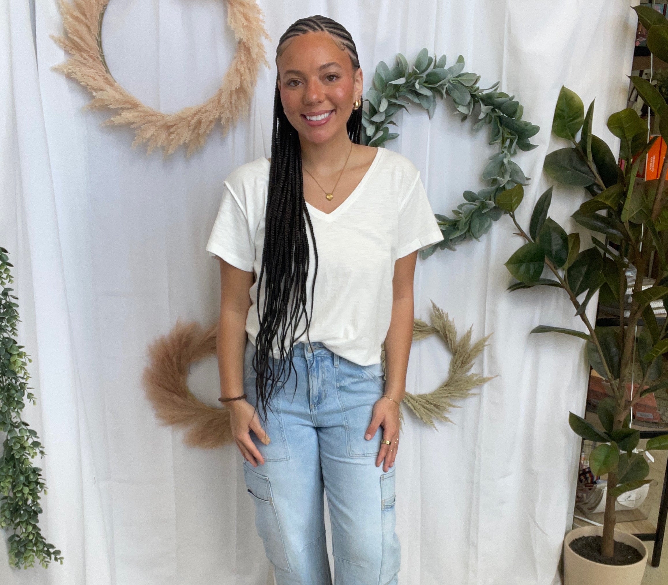 Pebble Forever V Neck Side Slit Tee-White-Short Sleeve Tops-pebble-The Silo Boutique, Women's Fashion Boutique Located in Warren and Grand Forks North Dakota
