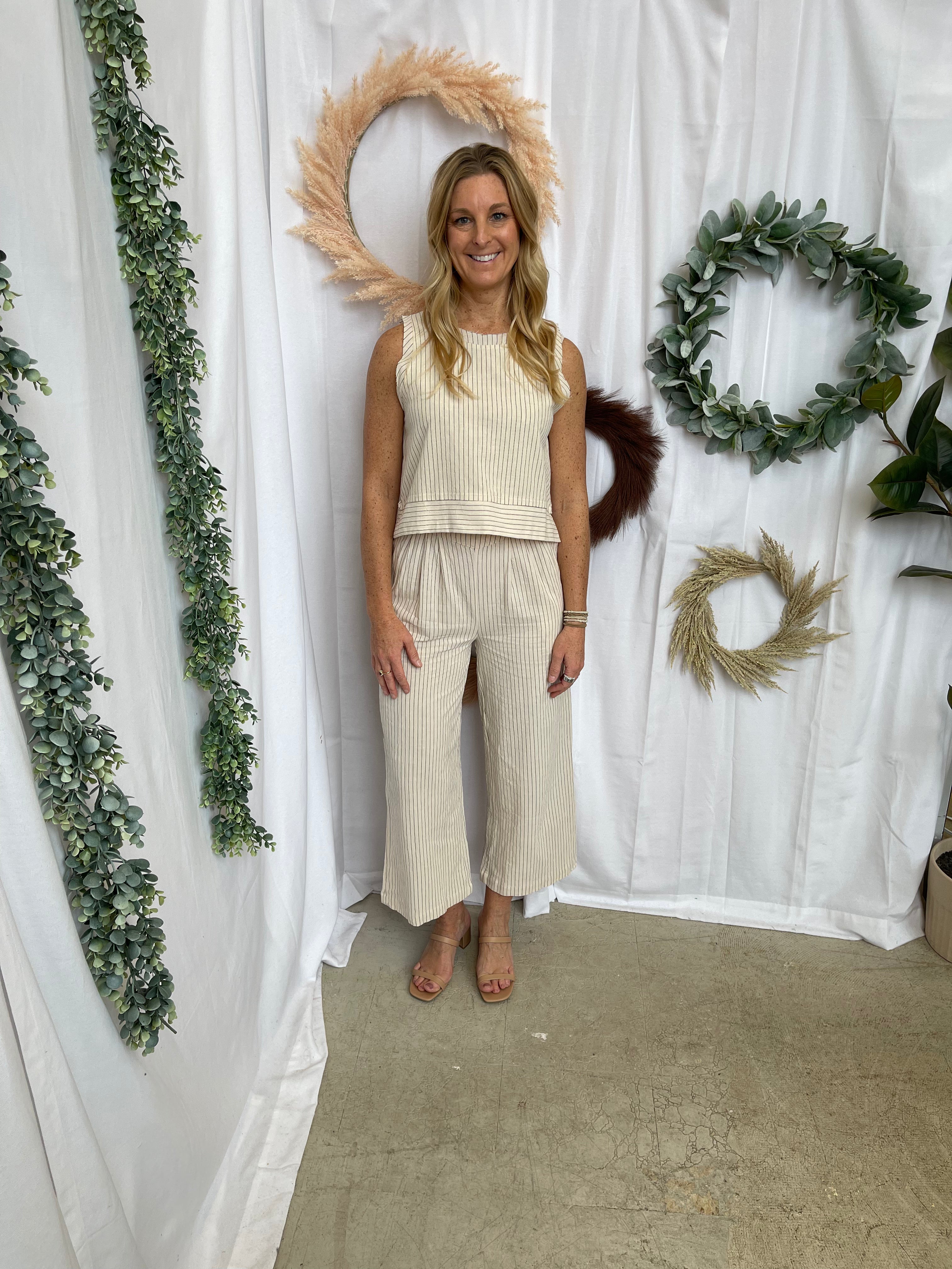 Jane Linen Set-Oatmeal Stripe-Outfit Sets-very j-The Silo Boutique, Women's Fashion Boutique Located in Warren and Grand Forks North Dakota