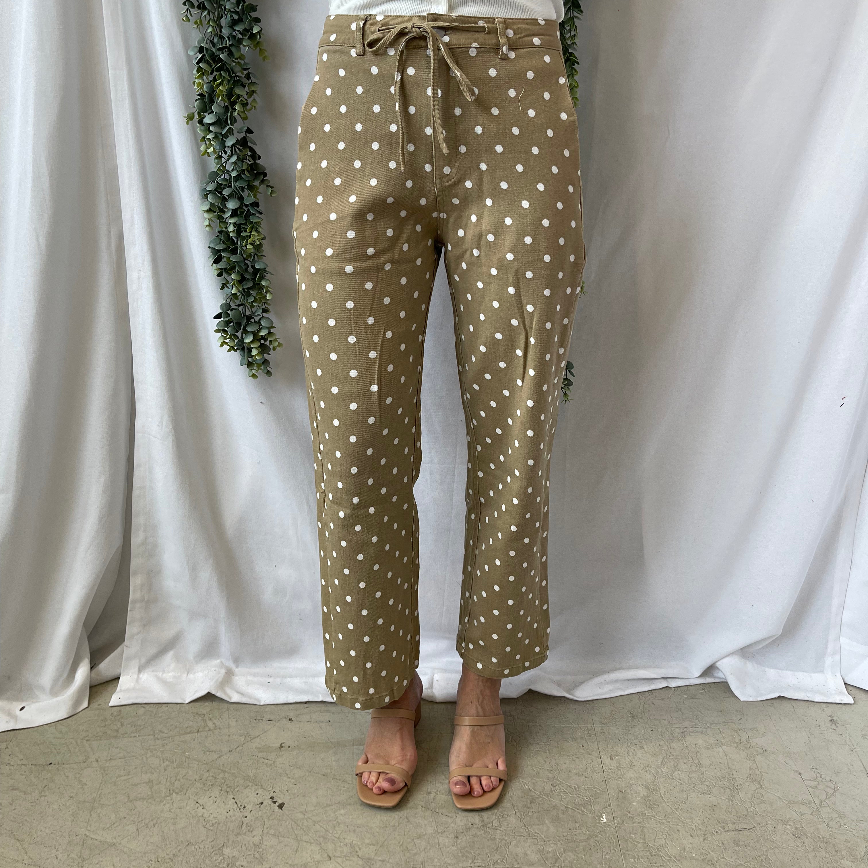 Layla Polka Dot Pants-Taupe-Pants-lovlov-The Silo Boutique, Women's Fashion Boutique Located in Warren and Grand Forks North Dakota
