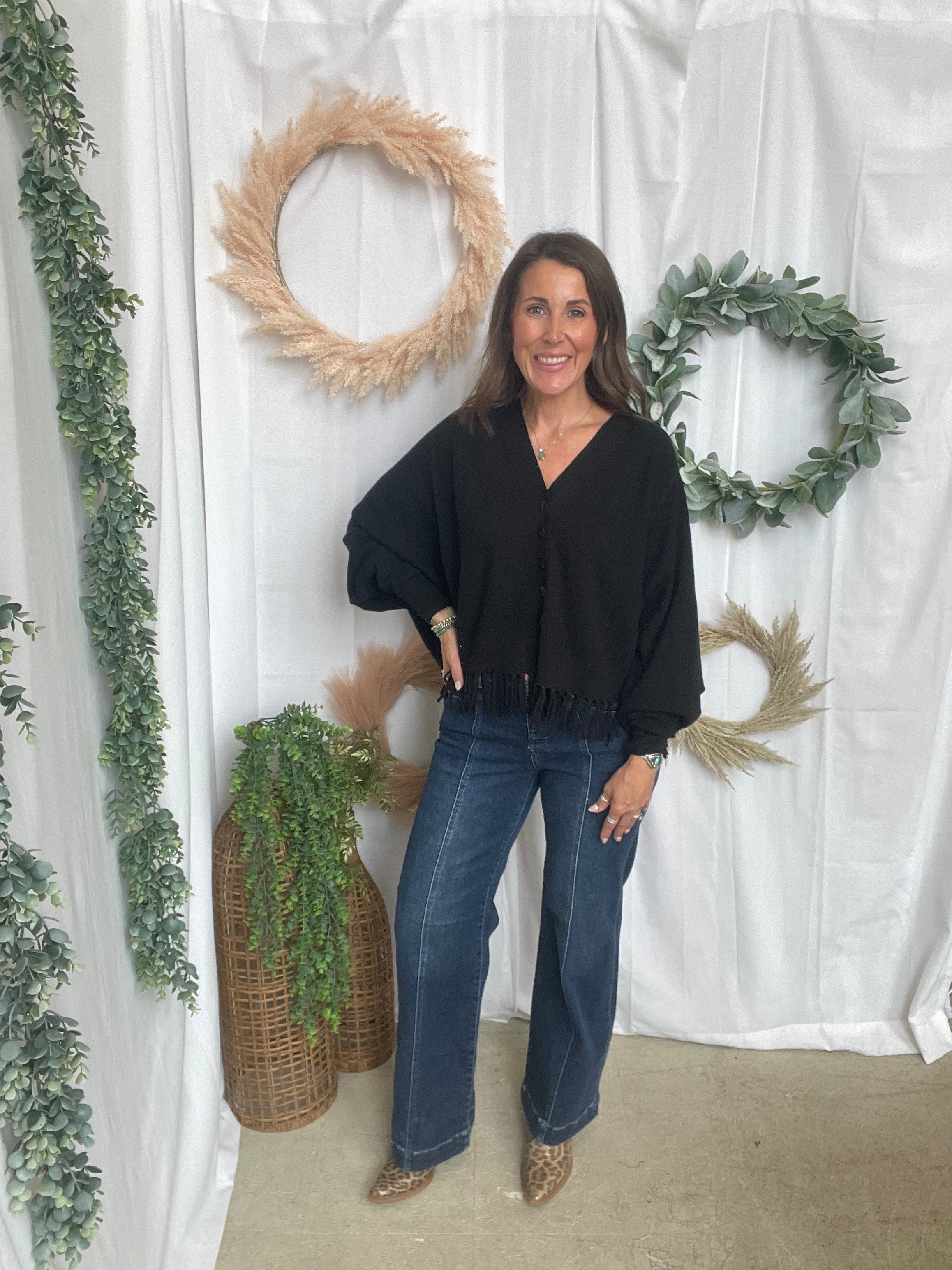 Farah Fringe Cardigan-Black-Cardigans-staccato-The Silo Boutique, Women's Fashion Boutique Located in Warren and Grand Forks North Dakota