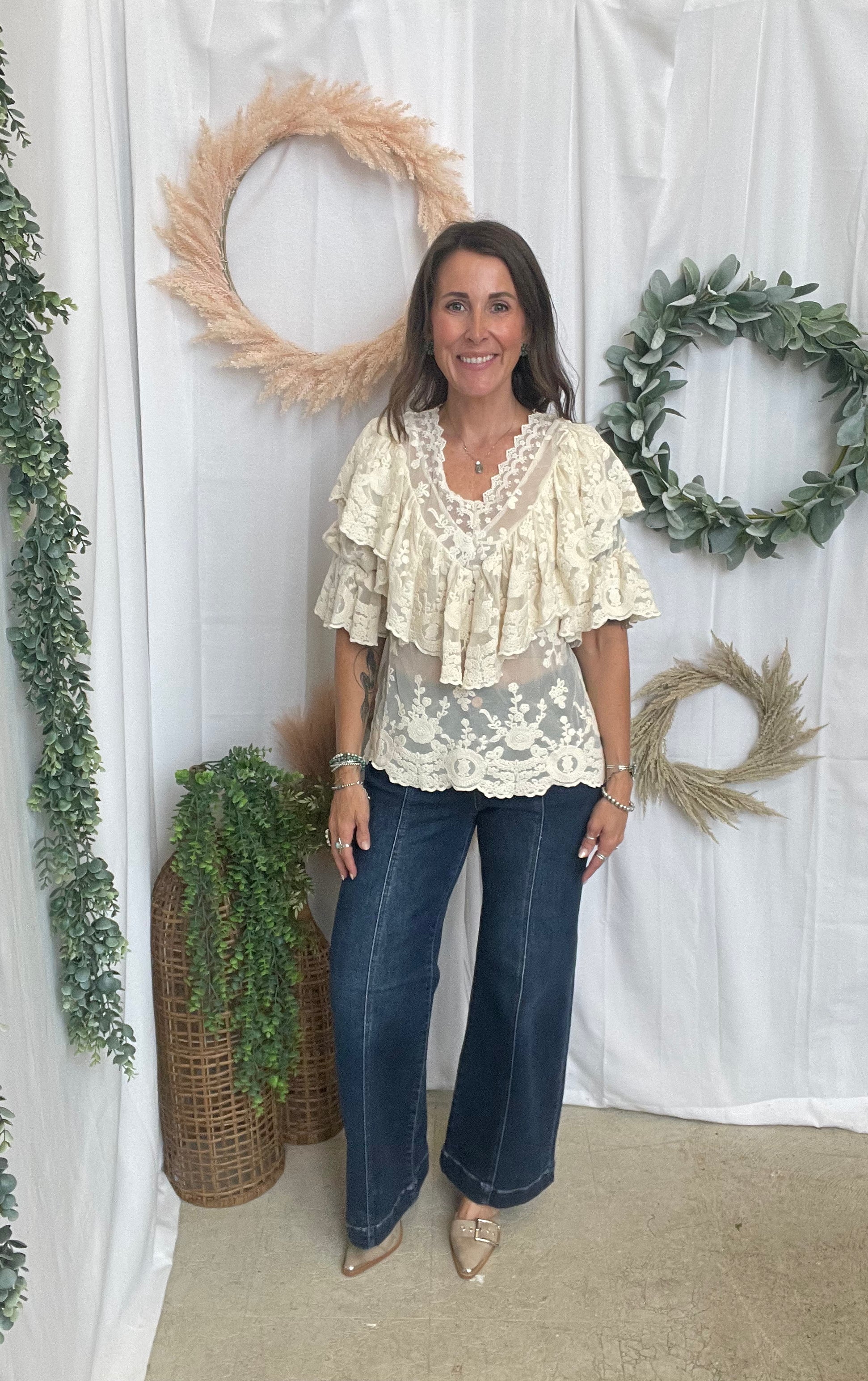 Curds Lace Blouse-Ivory-Short Sleeve Tops-curds-The Silo Boutique, Women's Fashion Boutique Located in Warren and Grand Forks North Dakota