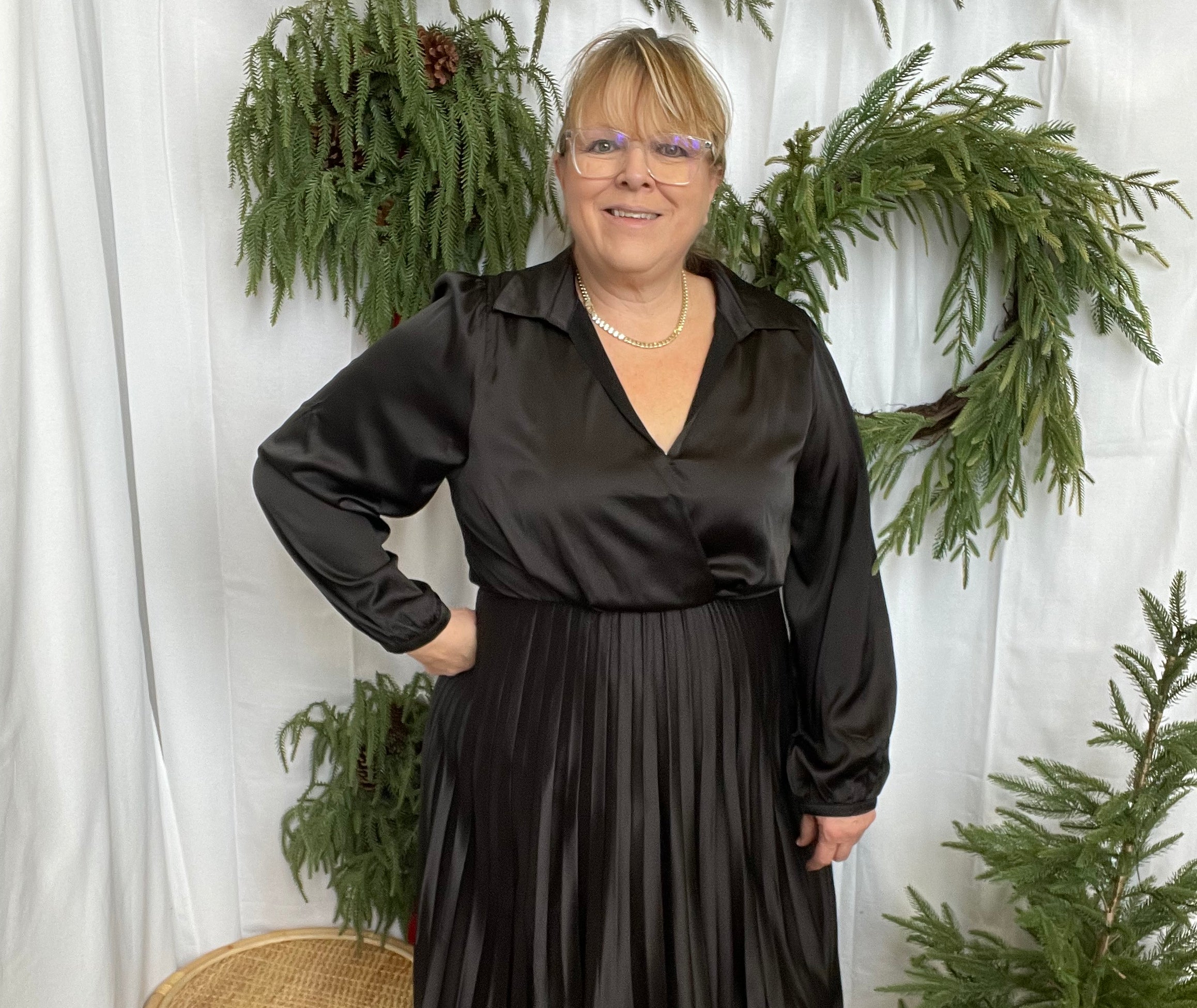Satin Pleated Dress-Black-Sweaters-she and sky-The Silo Boutique, Women's Fashion Boutique Located in Warren and Grand Forks North Dakota