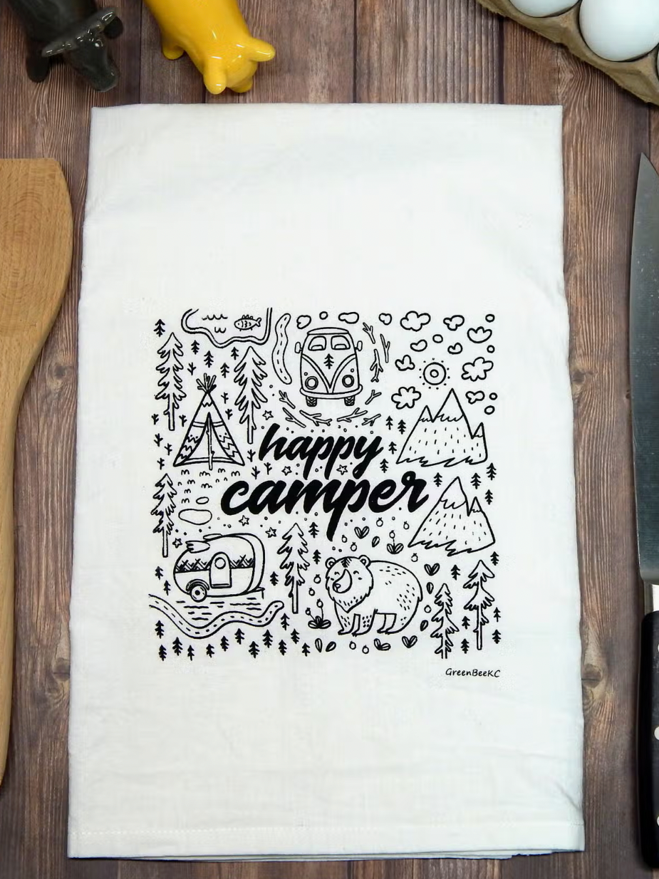 Happy Camper Tea Towel-Tea Towels-Green Bee-The Silo Boutique, Women's Fashion Boutique Located in Warren and Grand Forks North Dakota