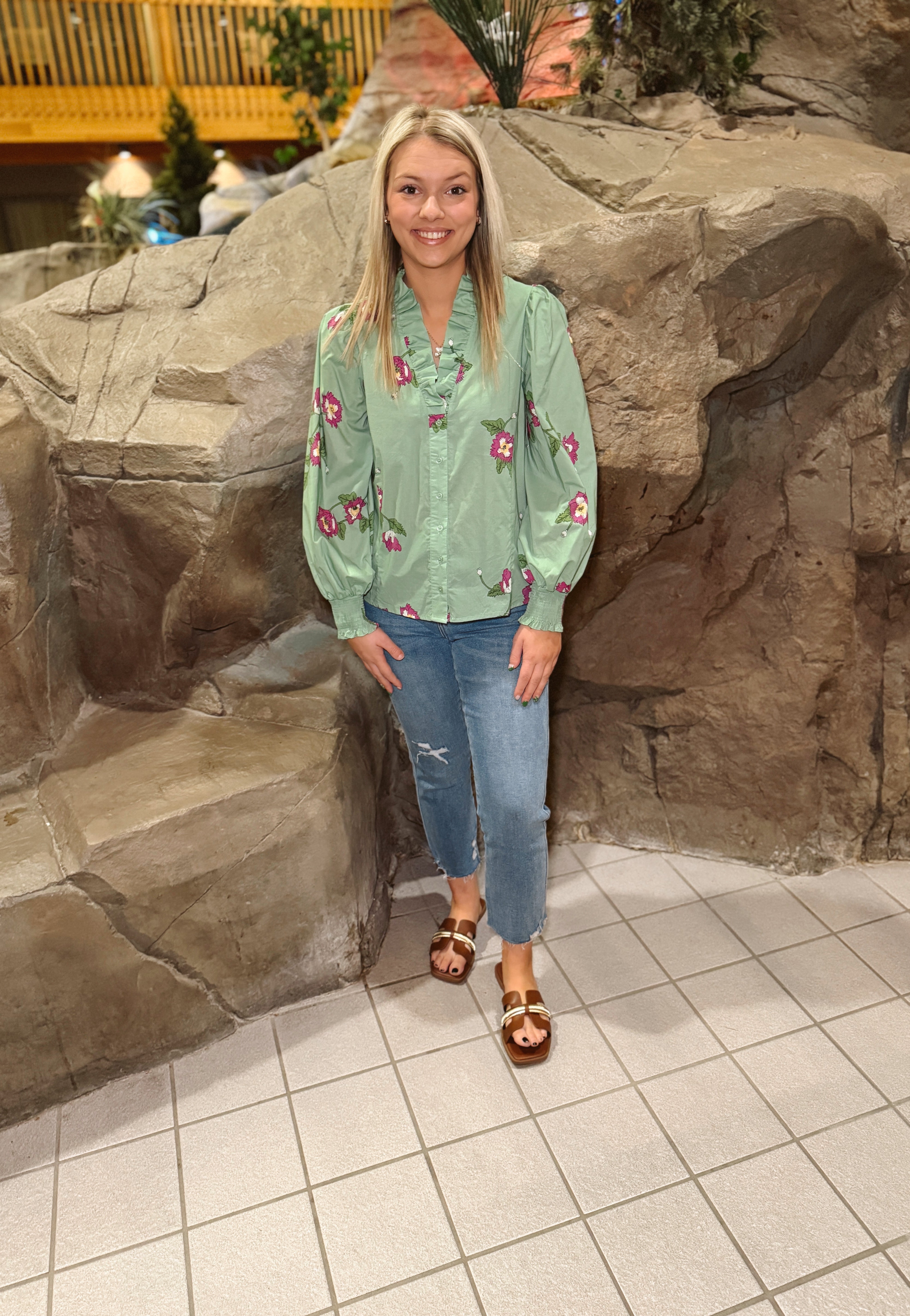 Apple Green Floral Top-Long Sleeve Tops-entro-The Silo Boutique, Women's Fashion Boutique Located in Warren and Grand Forks North Dakota