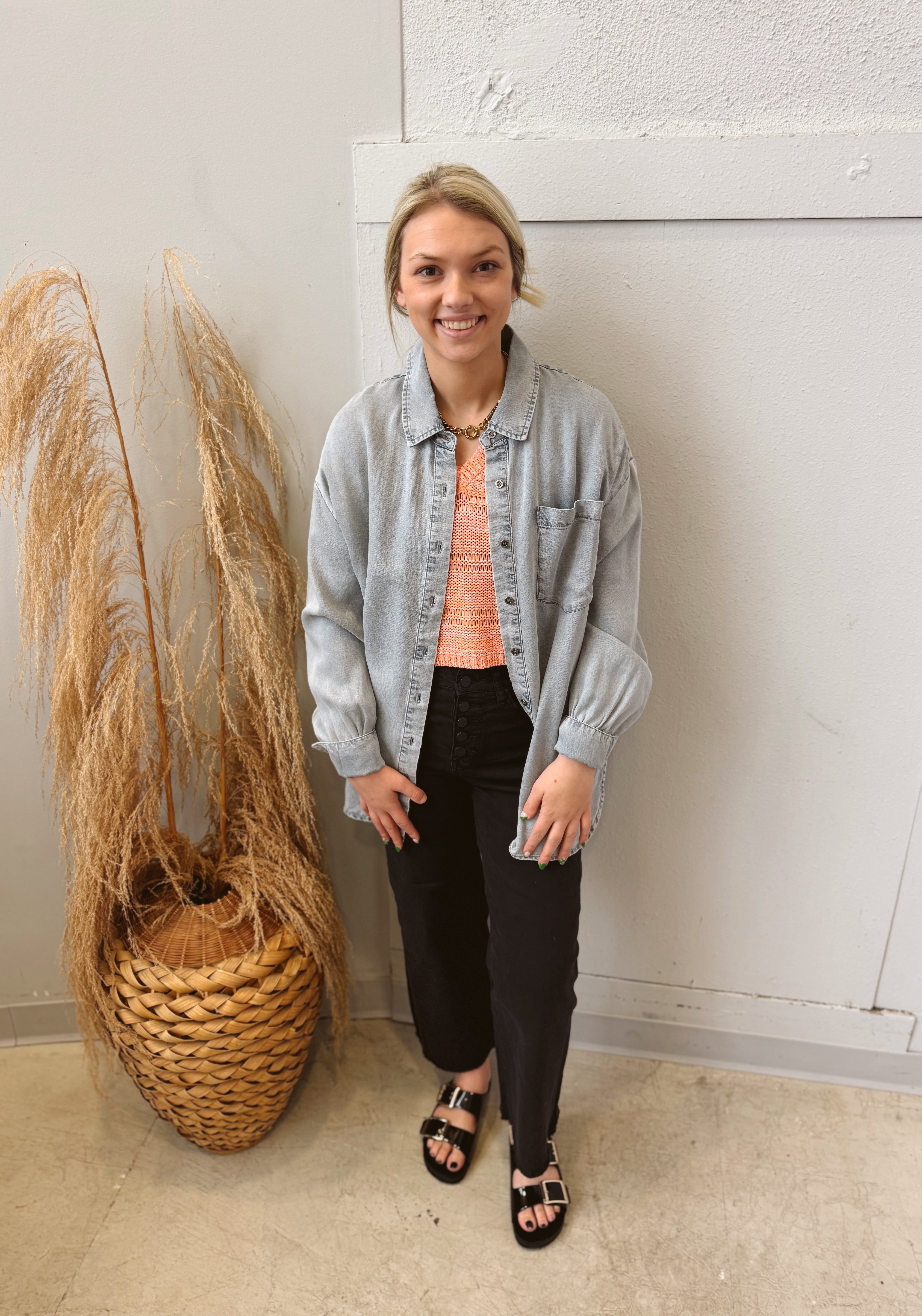 Tencel Oversized Denim Top-Long Sleeve Tops-mystree-The Silo Boutique, Women's Fashion Boutique Located in Warren and Grand Forks North Dakota