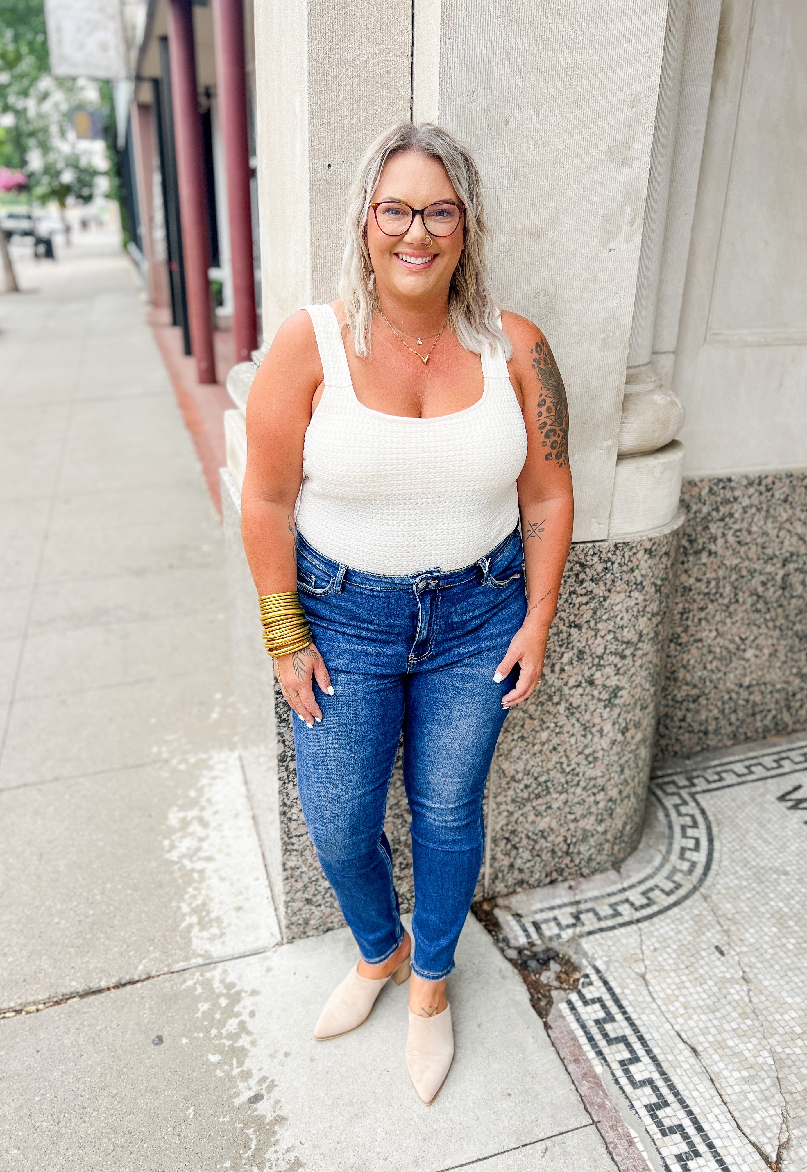 Cream Stretchy Textured Bodysuit-Bodysuits-heyson-The Silo Boutique, Women's Fashion Boutique Located in Warren and Grand Forks North Dakota