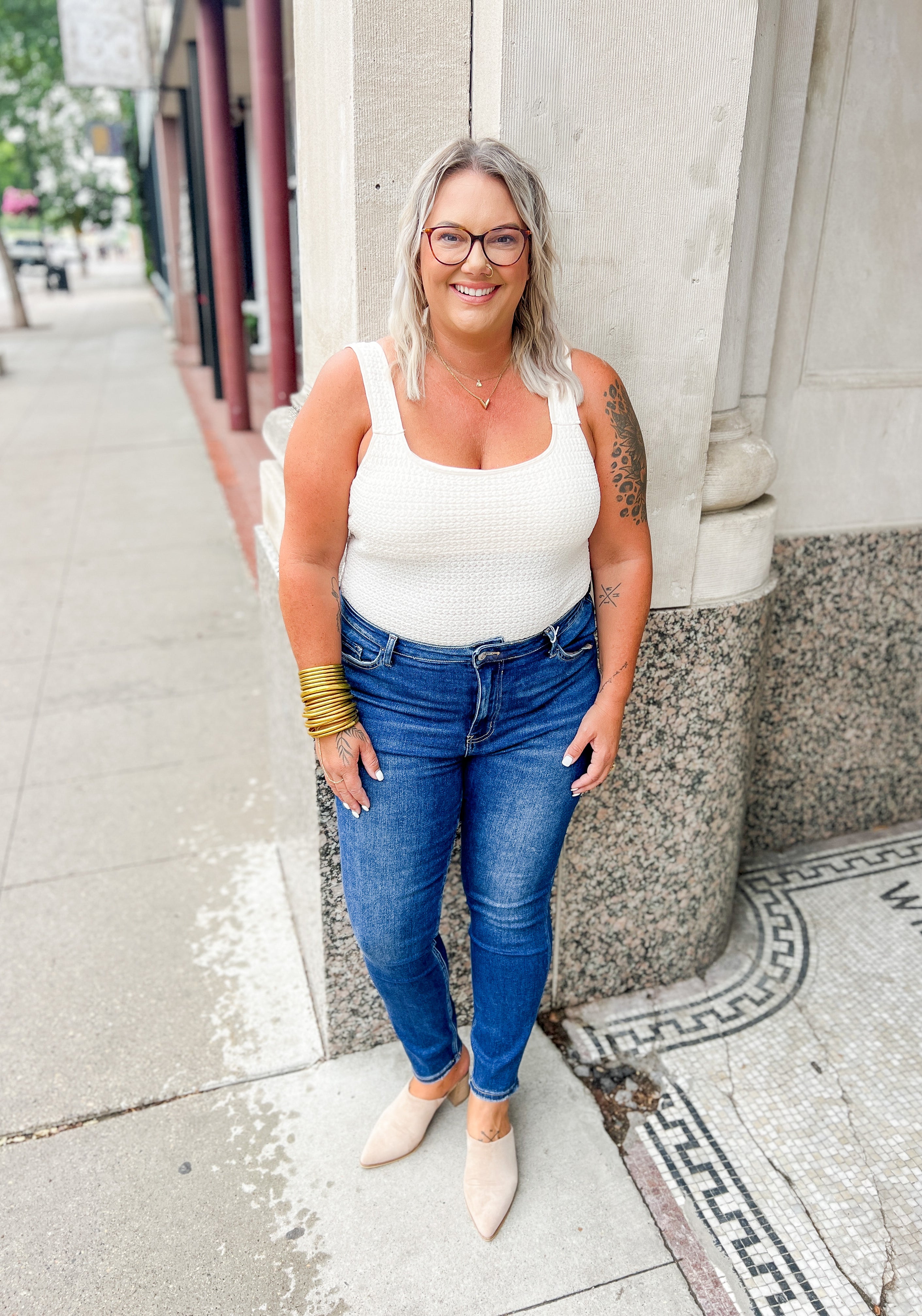 Cream Stretchy Textured Bodysuit-Bodysuits-heyson-The Silo Boutique, Women's Fashion Boutique Located in Warren and Grand Forks North Dakota