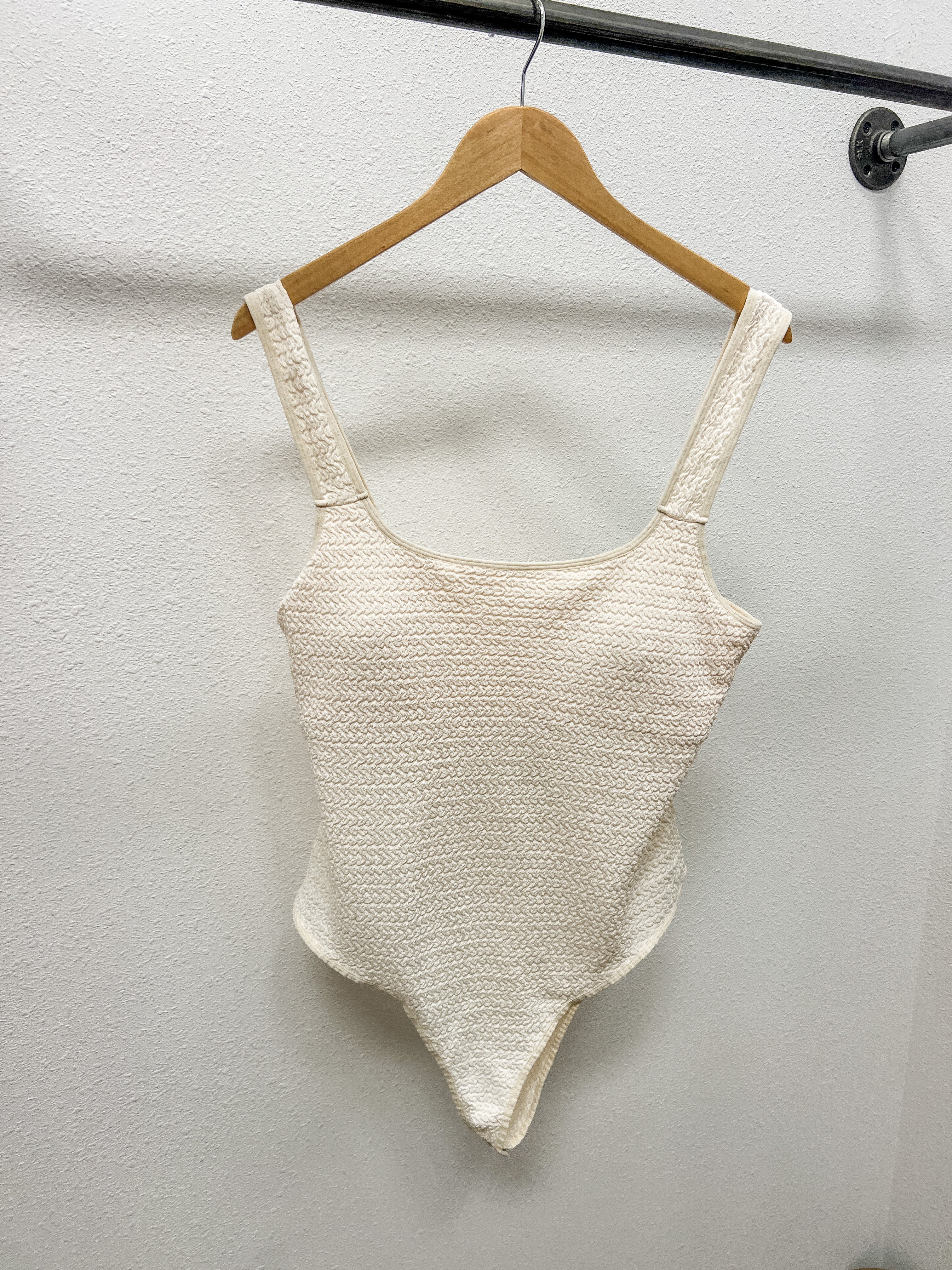 Cream Stretchy Textured Bodysuit-Final Sale-Bodysuits-heyson-The Silo Boutique, Women's Fashion Boutique Located in Warren and Grand Forks North Dakota