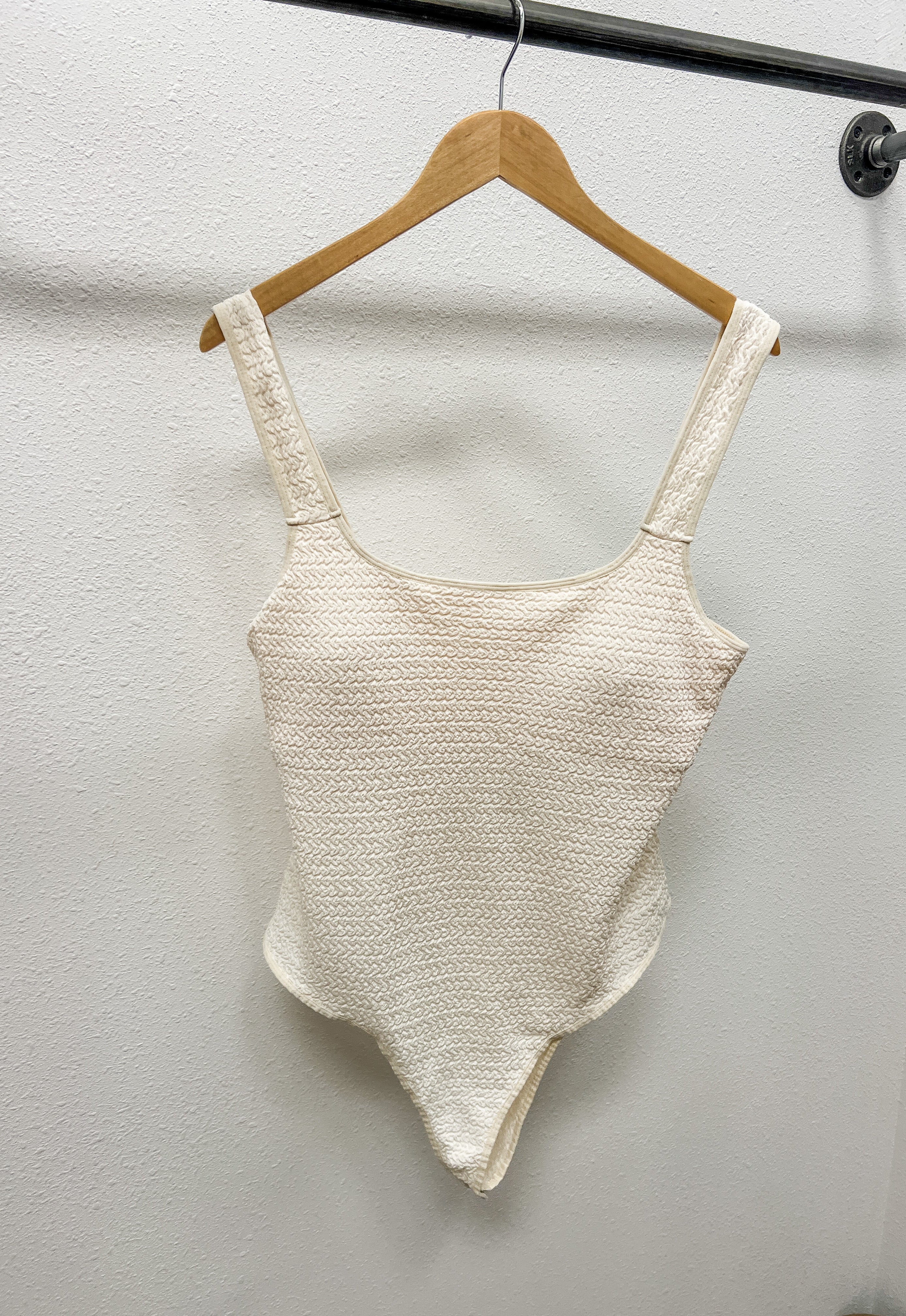 Cream Stretchy Textured Bodysuit-Bodysuits-heyson-The Silo Boutique, Women's Fashion Boutique Located in Warren and Grand Forks North Dakota