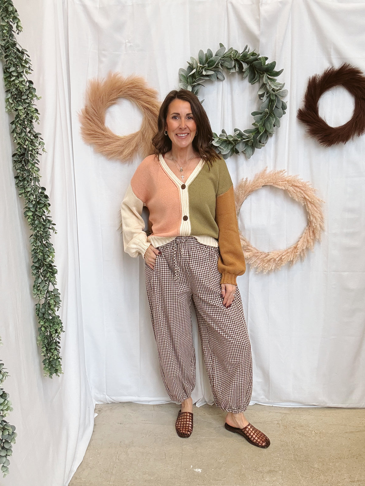Gia Gingham Pants-Brown-Pants-ENTRO-The Silo Boutique, Women's Fashion Boutique Located in Warren and Grand Forks North Dakota