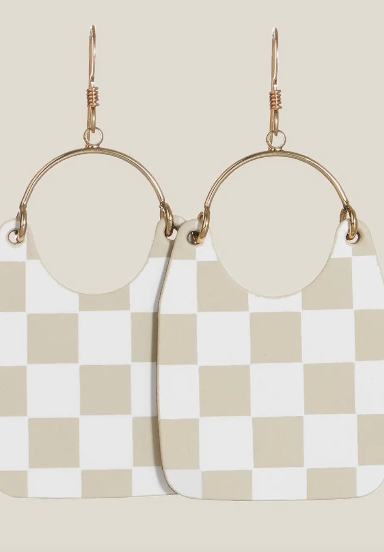Nickel and Suede Ecru Check Earrings-Earrings-nickel and Suede-The Silo Boutique, Women's Fashion Boutique Located in Warren and Grand Forks North Dakota