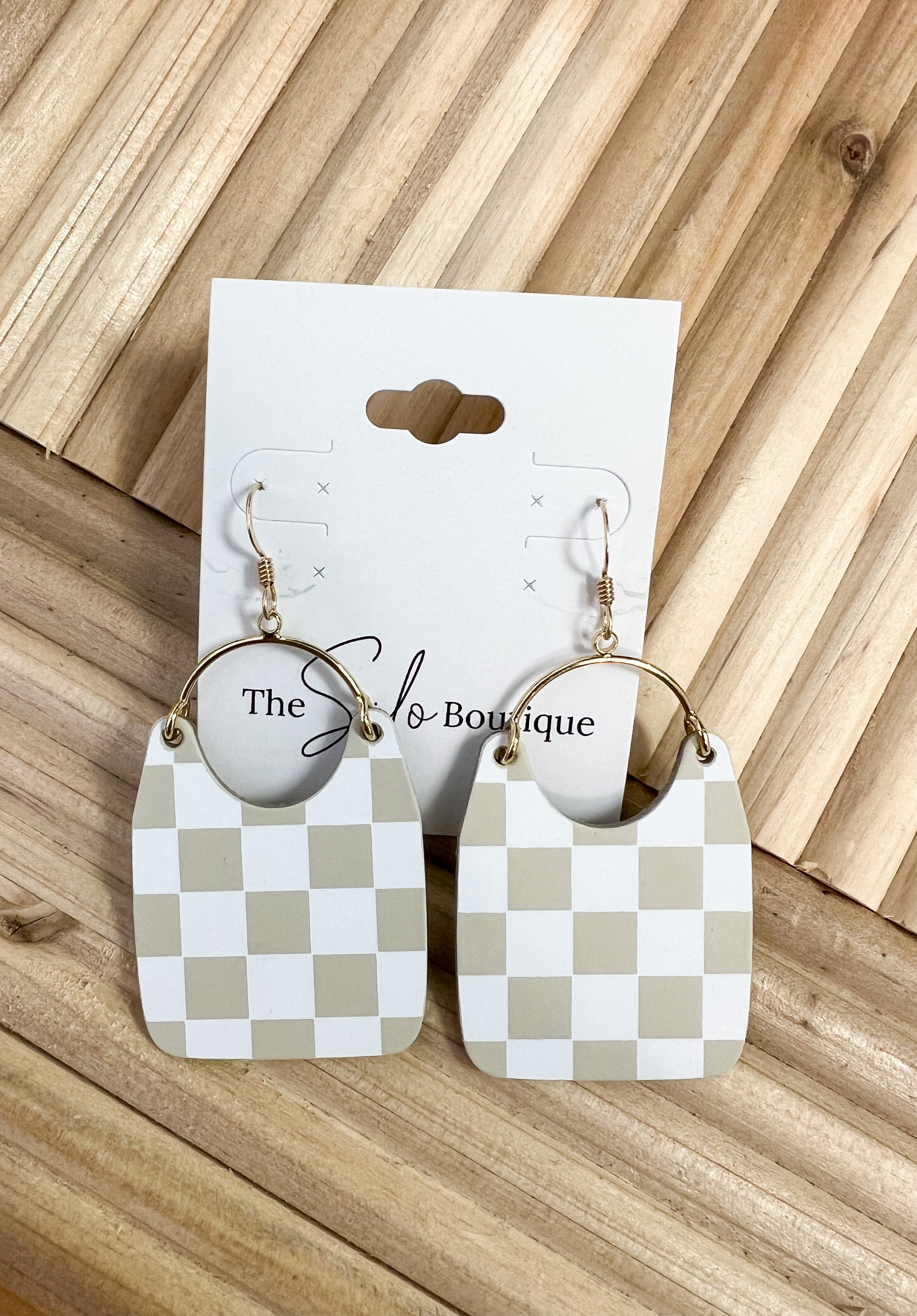 Nickel and Suede Ecru Check Earrings-Earrings-nickel and Suede-The Silo Boutique, Women's Fashion Boutique Located in Warren and Grand Forks North Dakota