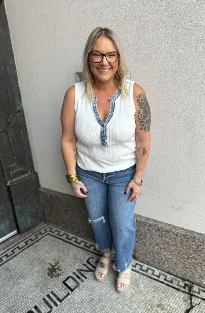 Denim Trim Henley Tank Top-Short Sleeve Tops-mystree-The Silo Boutique, Women's Fashion Boutique Located in Warren and Grand Forks North Dakota