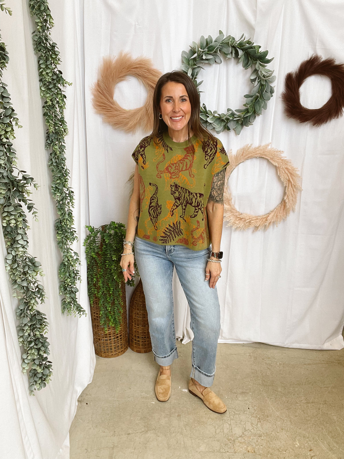 Taryn Tiger Cap Sleeve Sweater-Olive-Sweaters-ENTRO-The Silo Boutique, Women's Fashion Boutique Located in Warren and Grand Forks North Dakota