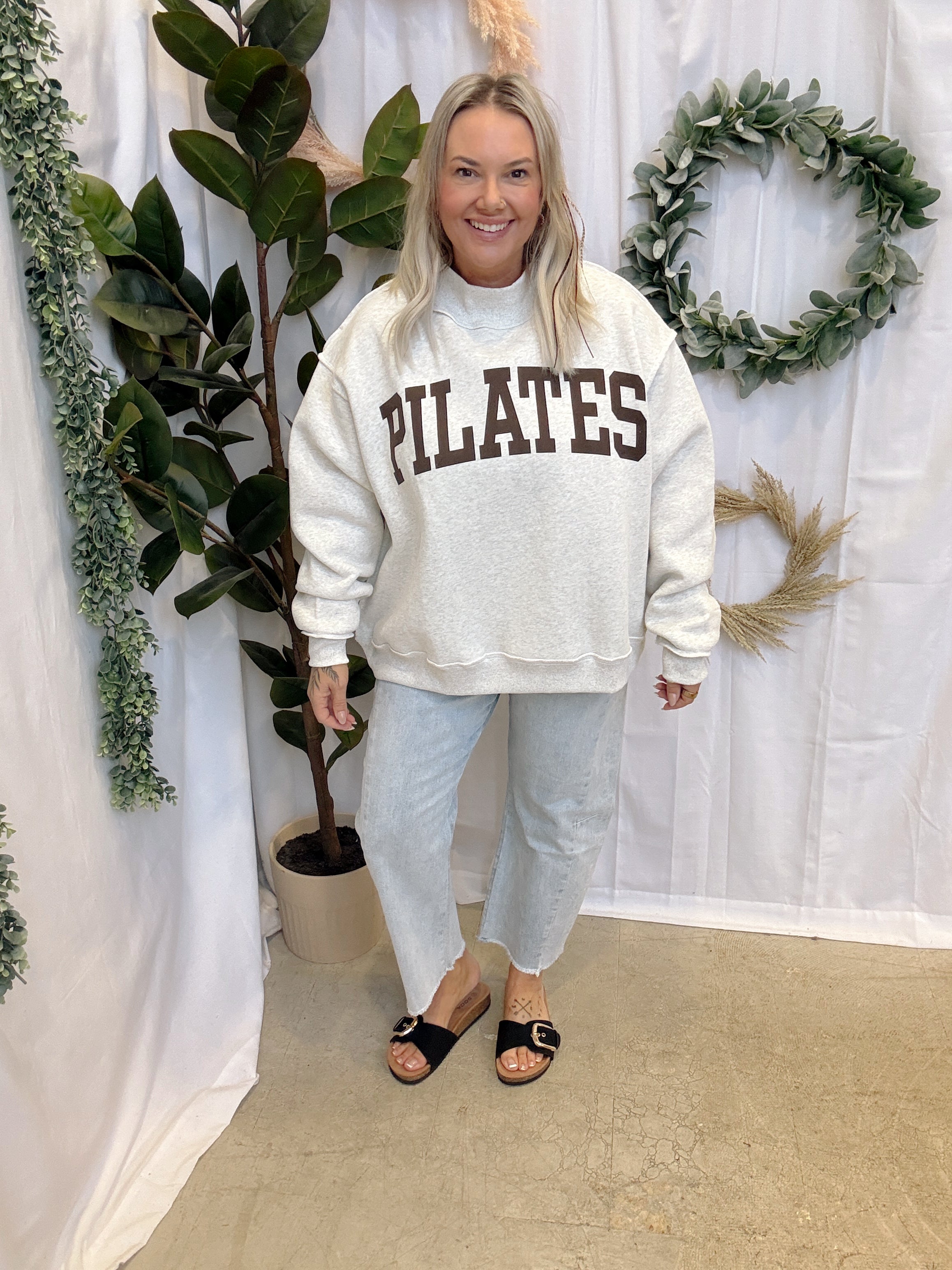 Brown Font Pilates & Yoga Sweatshirt-Sweatshirts-bucketlist-The Silo Boutique, Women's Fashion Boutique Located in Warren and Grand Forks North Dakota