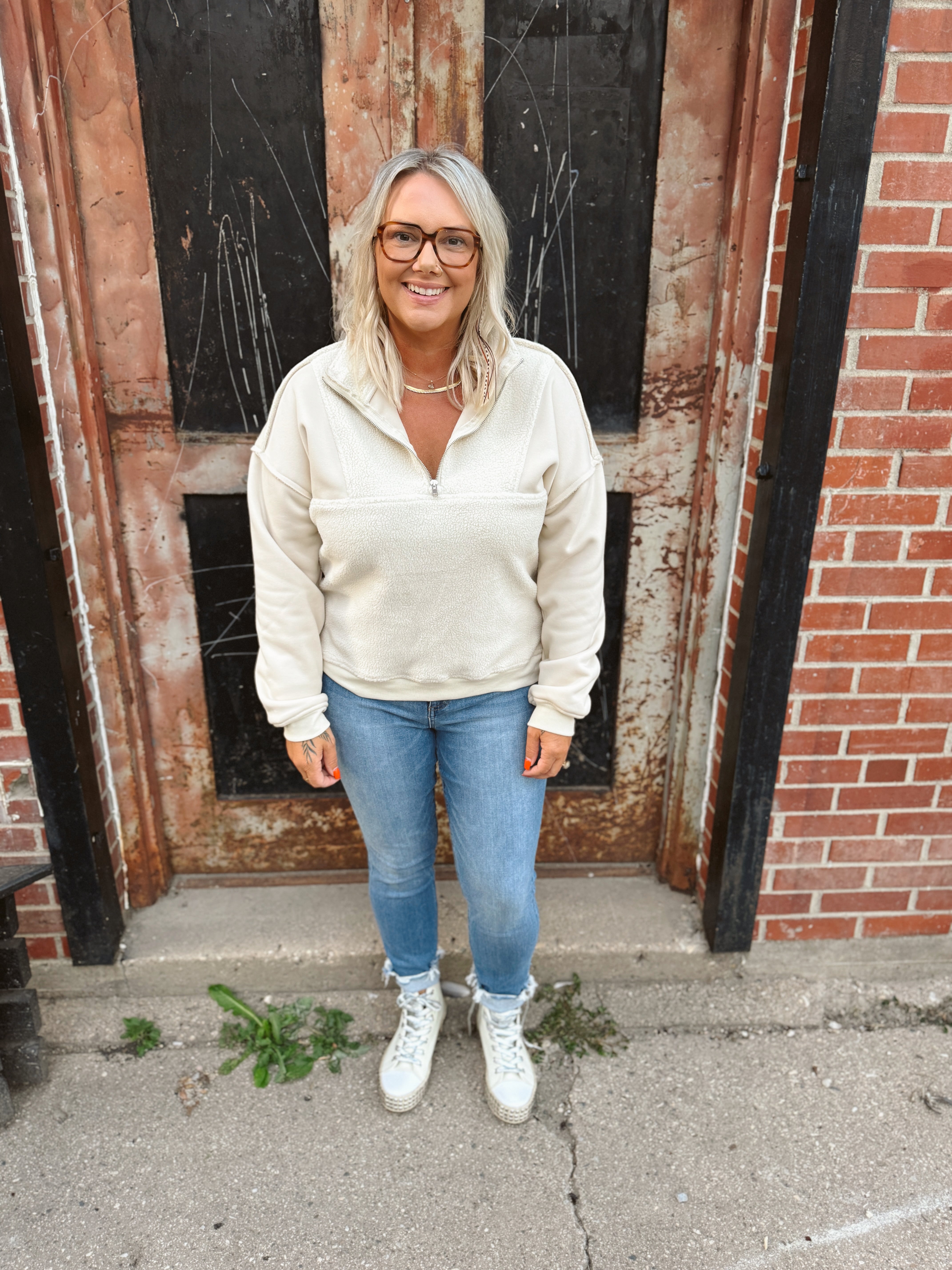 Ivory Collared Half Zip Pullover Sweatshirt-Sweatshirts-stacatto-The Silo Boutique, Women's Fashion Boutique Located in Warren and Grand Forks North Dakota