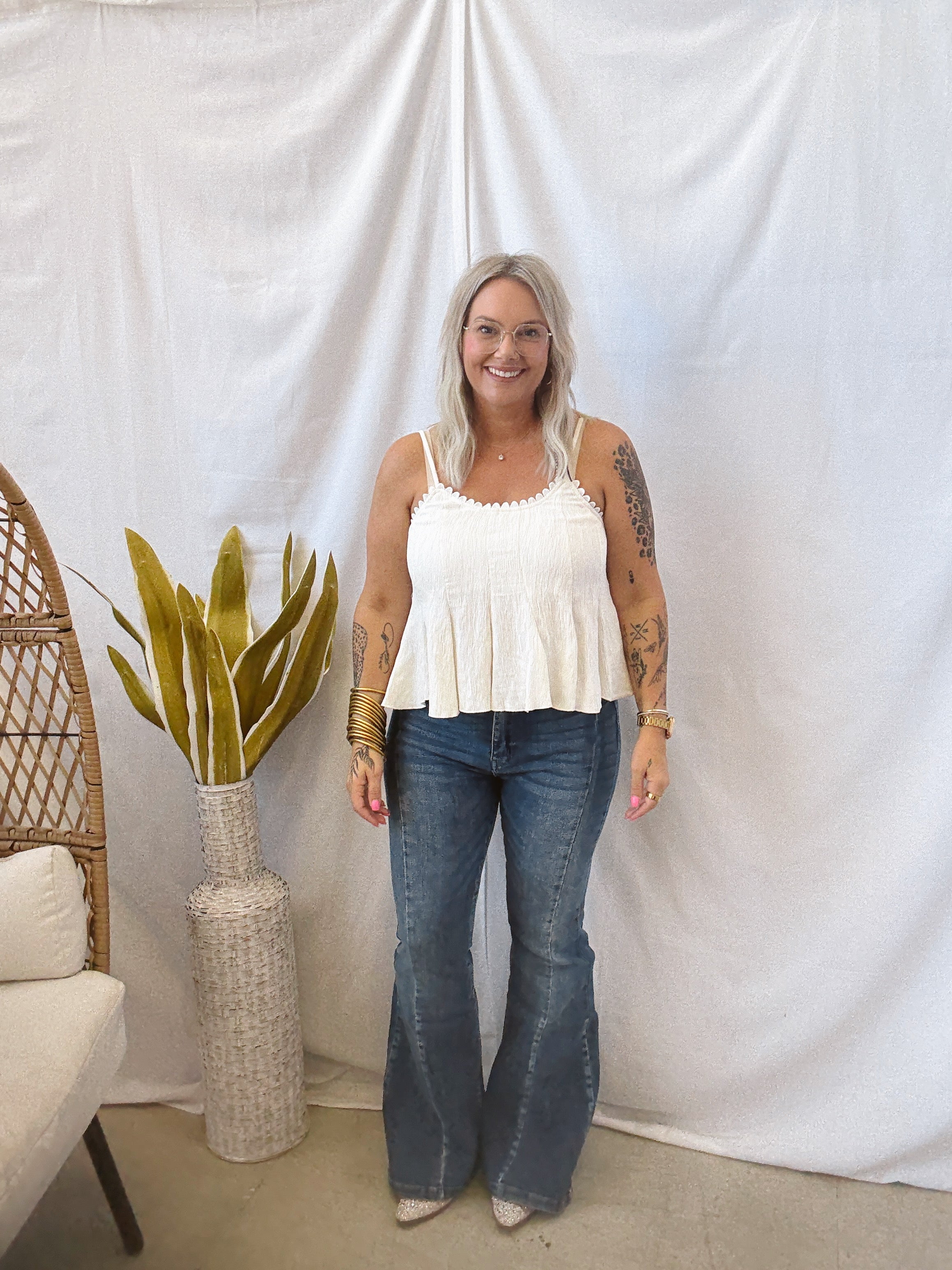 Crinkle Spaghetti Strap Tank-Cream-Tank Tops-Umgee-The Silo Boutique, Women's Fashion Boutique Located in Warren and Grand Forks North Dakota