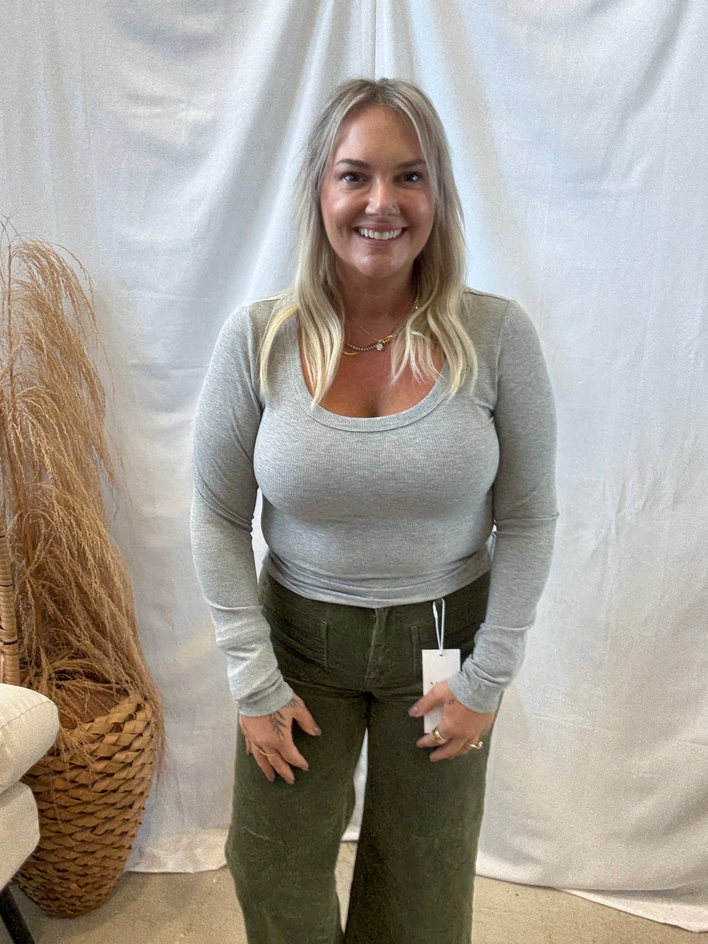 Mono B Scoop Long Sleeve Top-Grey-Long Sleeve Tops-mono b-The Silo Boutique, Women's Fashion Boutique Located in Warren and Grand Forks North Dakota