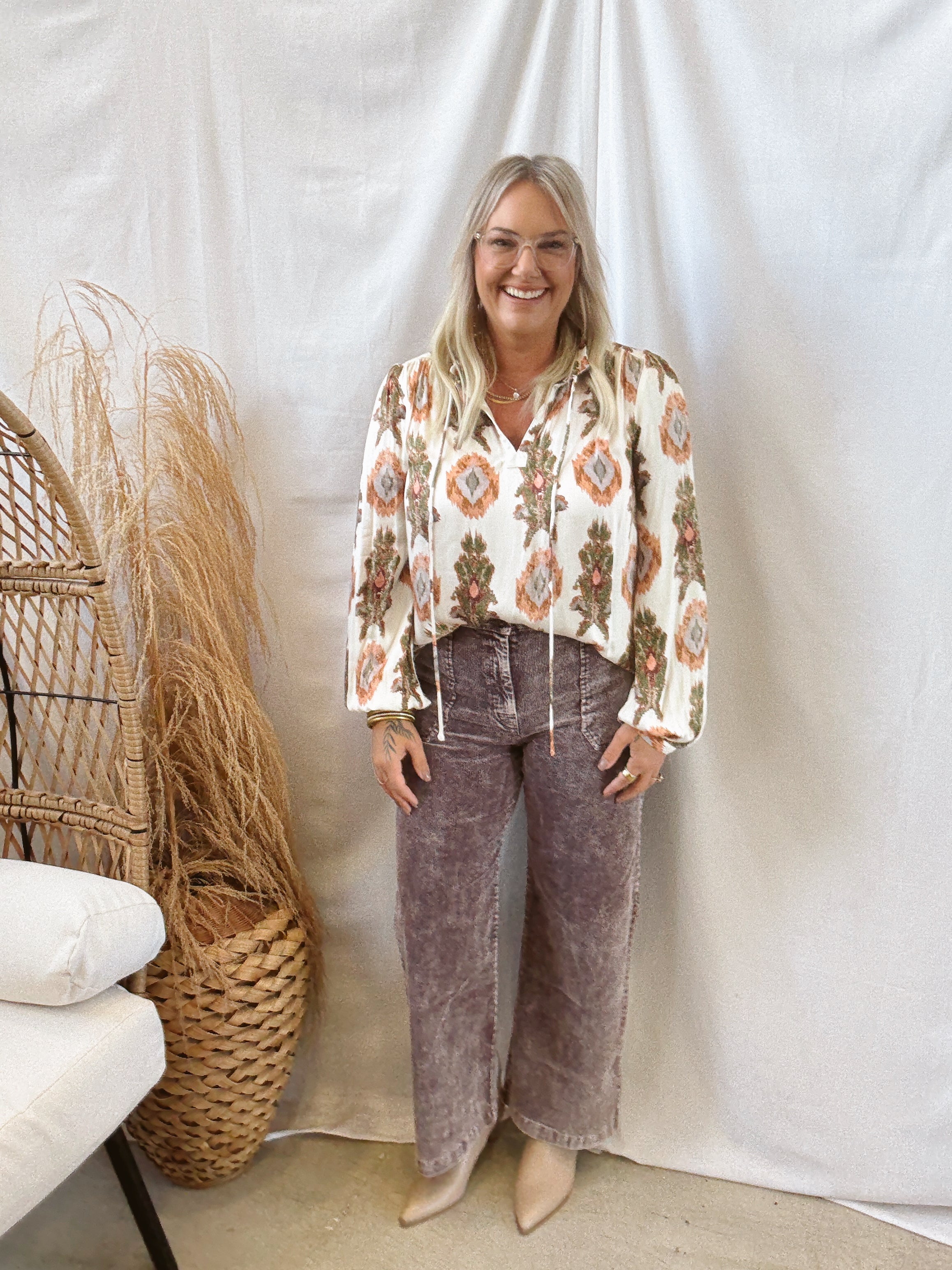 Ivory Printed Peasant Top-Long Sleeve Tops-mystree-The Silo Boutique, Women's Fashion Boutique Located in Warren and Grand Forks North Dakota