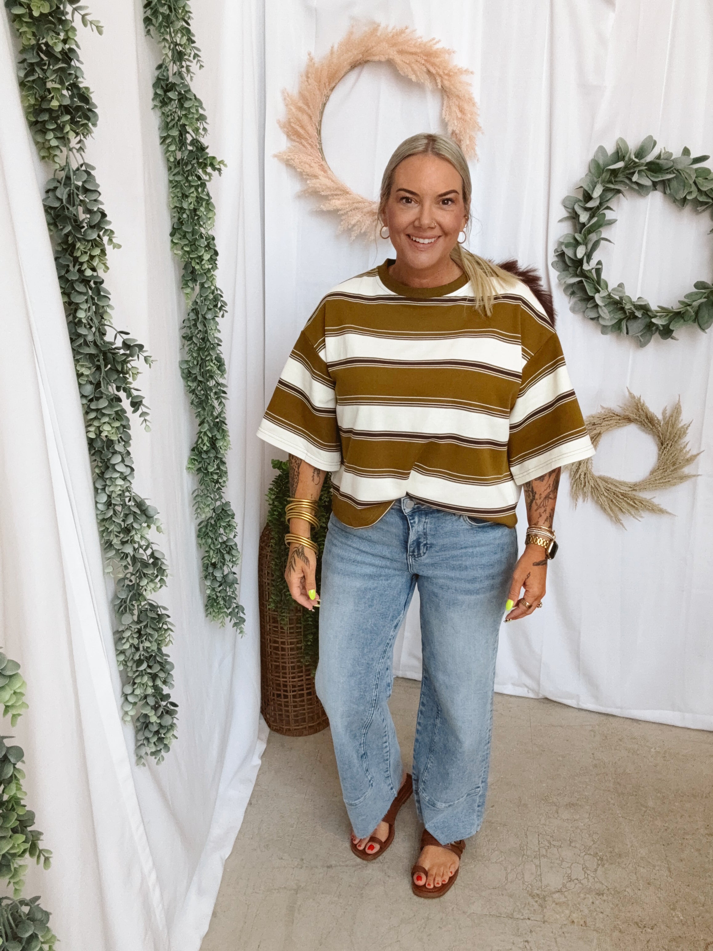Oh For Fun Striped Tee-Olive-Short Sleeve Tops-fun2fun-The Silo Boutique, Women's Fashion Boutique Located in Warren and Grand Forks North Dakota