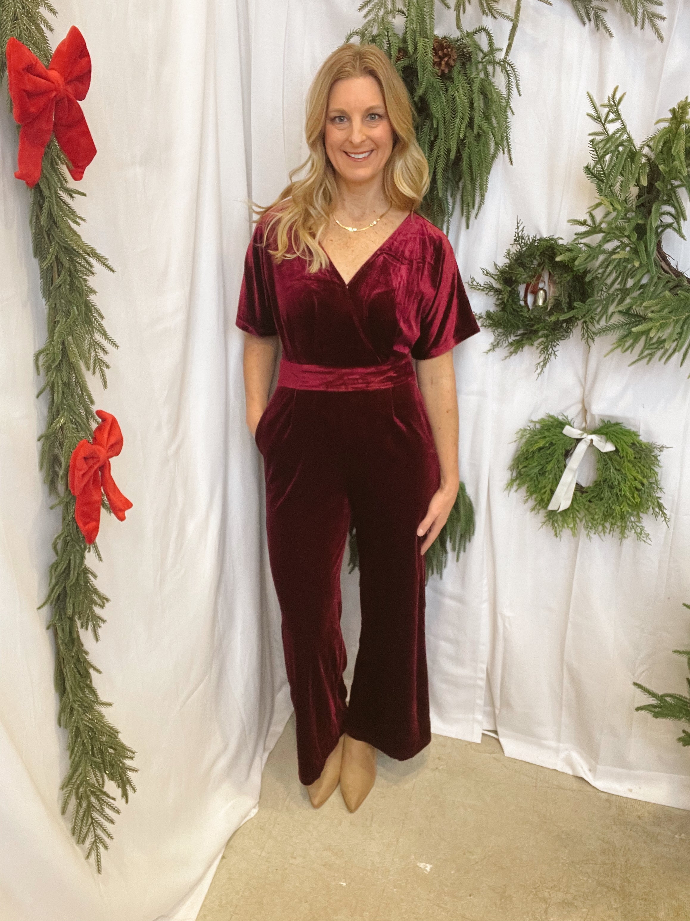 Burgundy Velvet Jumper-Jumpsuits & Rompers-hem and thread-The Silo Boutique, Women's Fashion Boutique Located in Warren and Grand Forks North Dakota